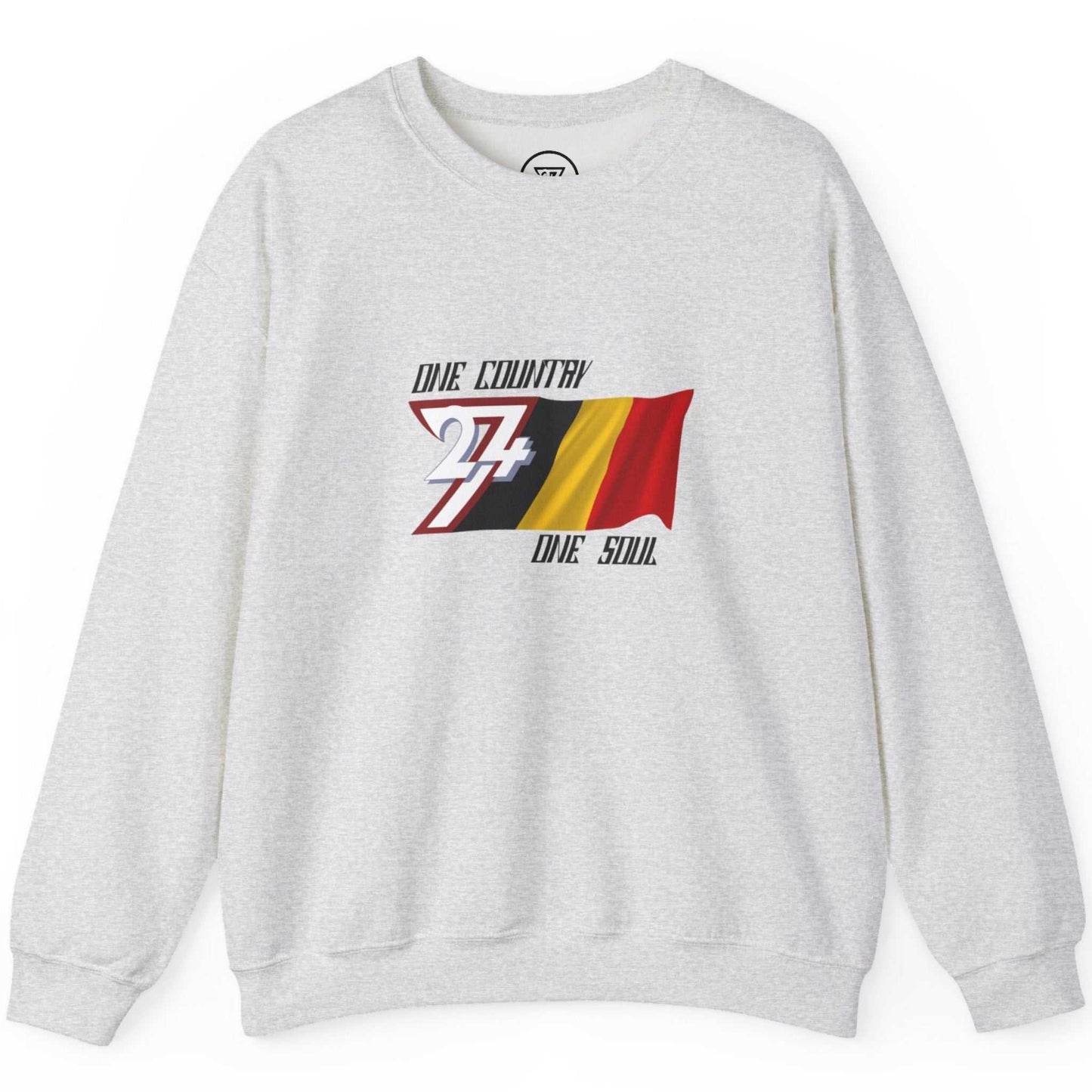 Front view of an ash colored Belgium flag graphic sweatshirt by 24/7 Unique Designs.