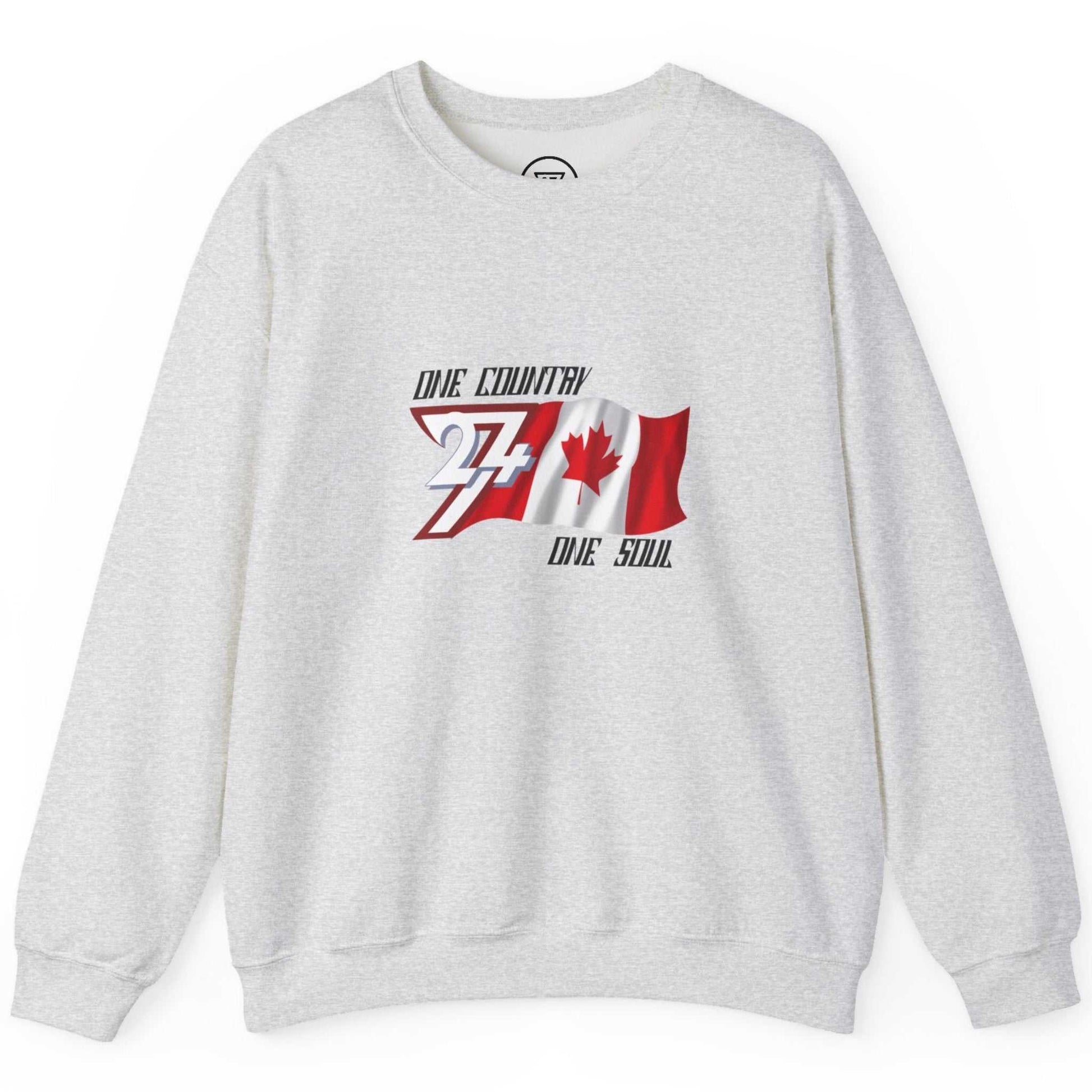 Front view of an ash colored Canada flag graphic sweatshirt by 24/7 Unique Designs.