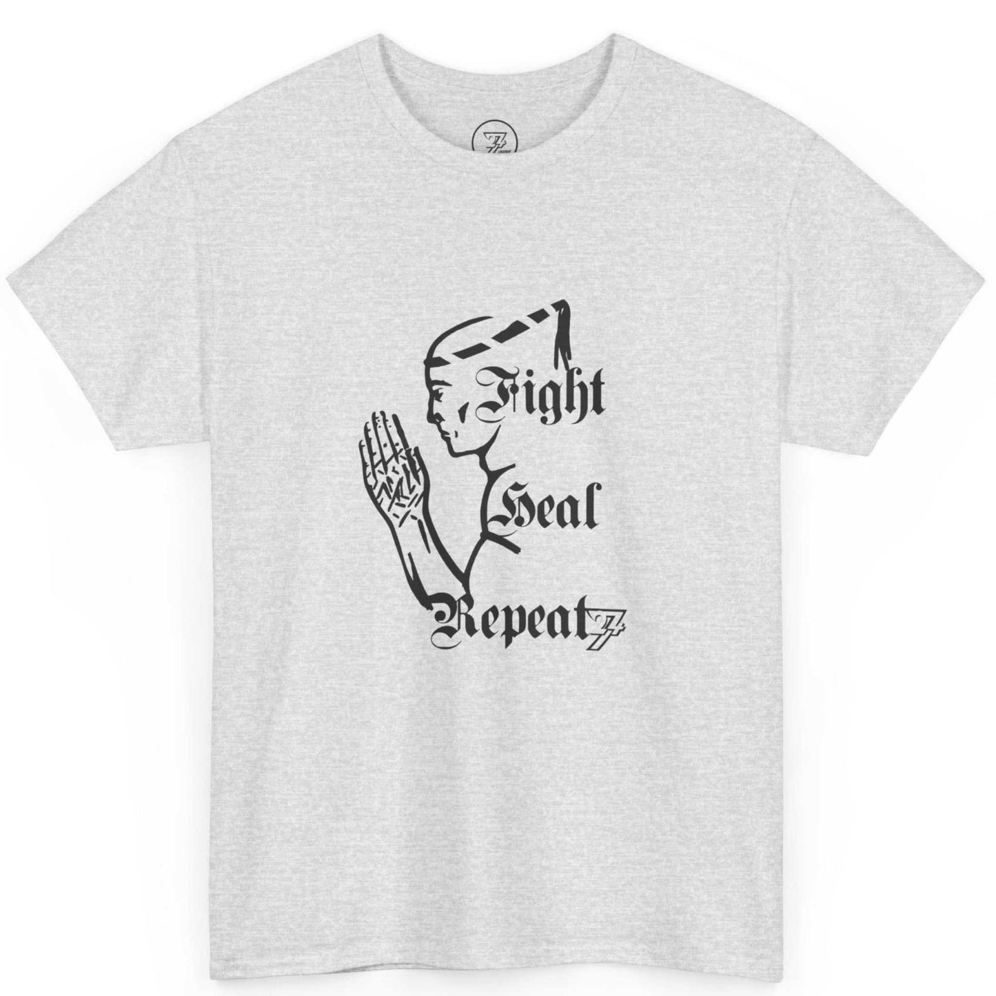 Front view of an ash grey fighter lifestyle clothing tee showcasing the Fight Heal Repeat mantra, laid flat.