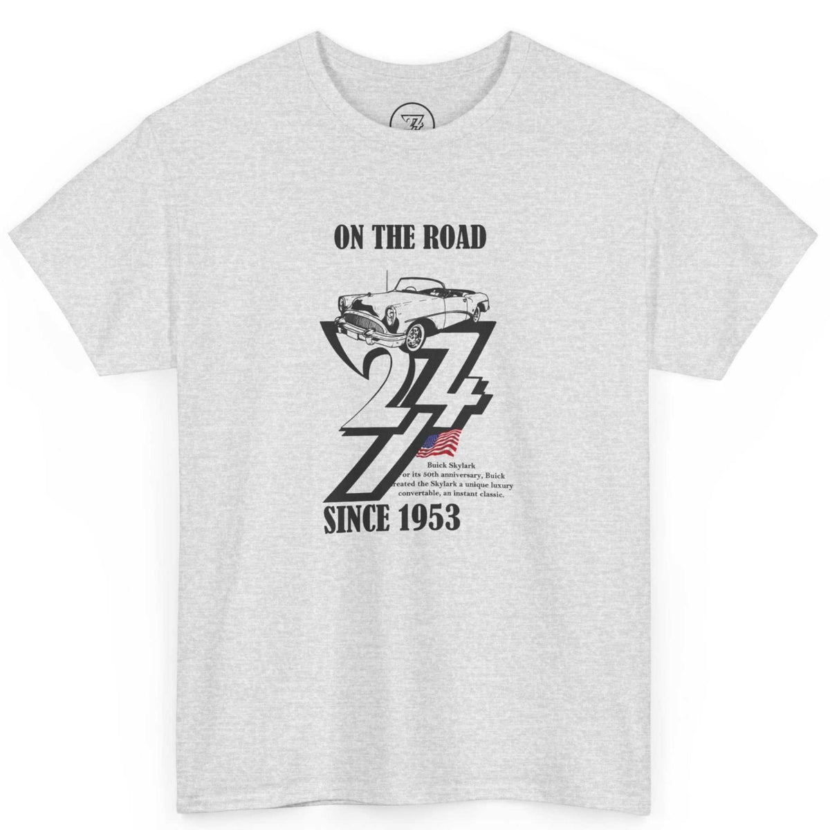 Front view of an ash gray 1953 vintage Buick Skylark graphic tee highlighting the bold black car illustration.