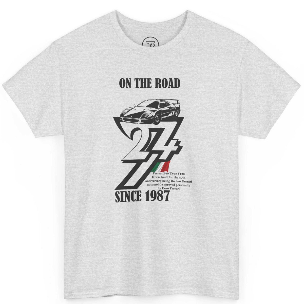 Front view of an ash gray 1987 vintage Ferrari F40 graphic tee highlighting the bold black car illustration.