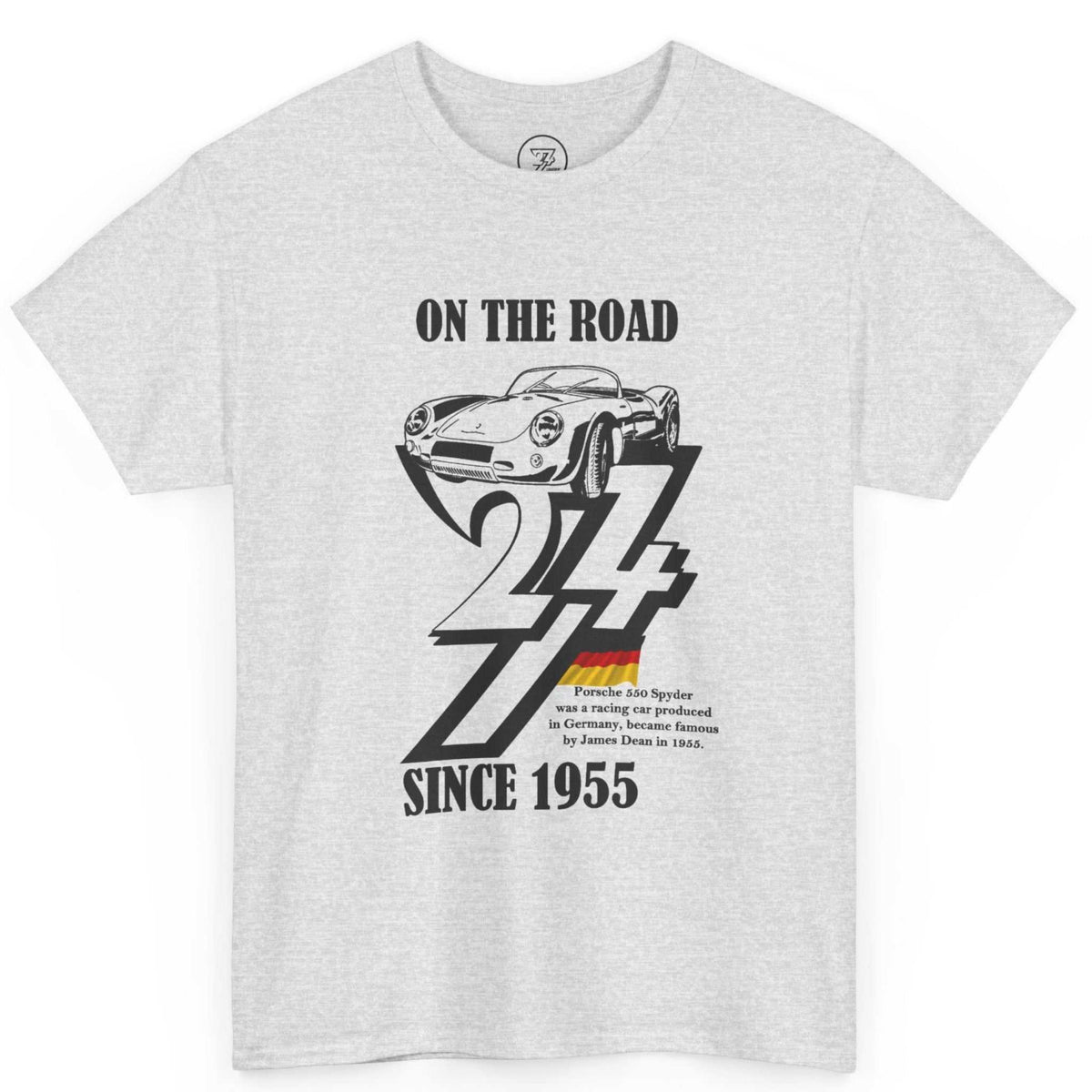 Front view of an ash gray car enthusiast gifts tee showcasing the detailed vintage racing car graphic, displayed on a clean background.