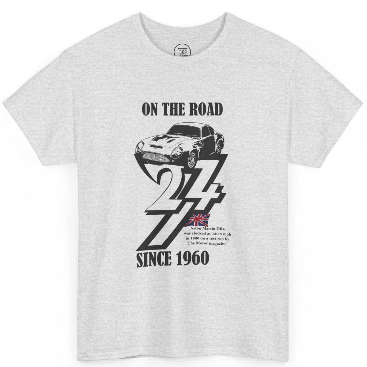 Front view of an ash gray vintage Aston Martin DB4 shirt featuring the black hand-drawn car illustration, displayed on a clean background.