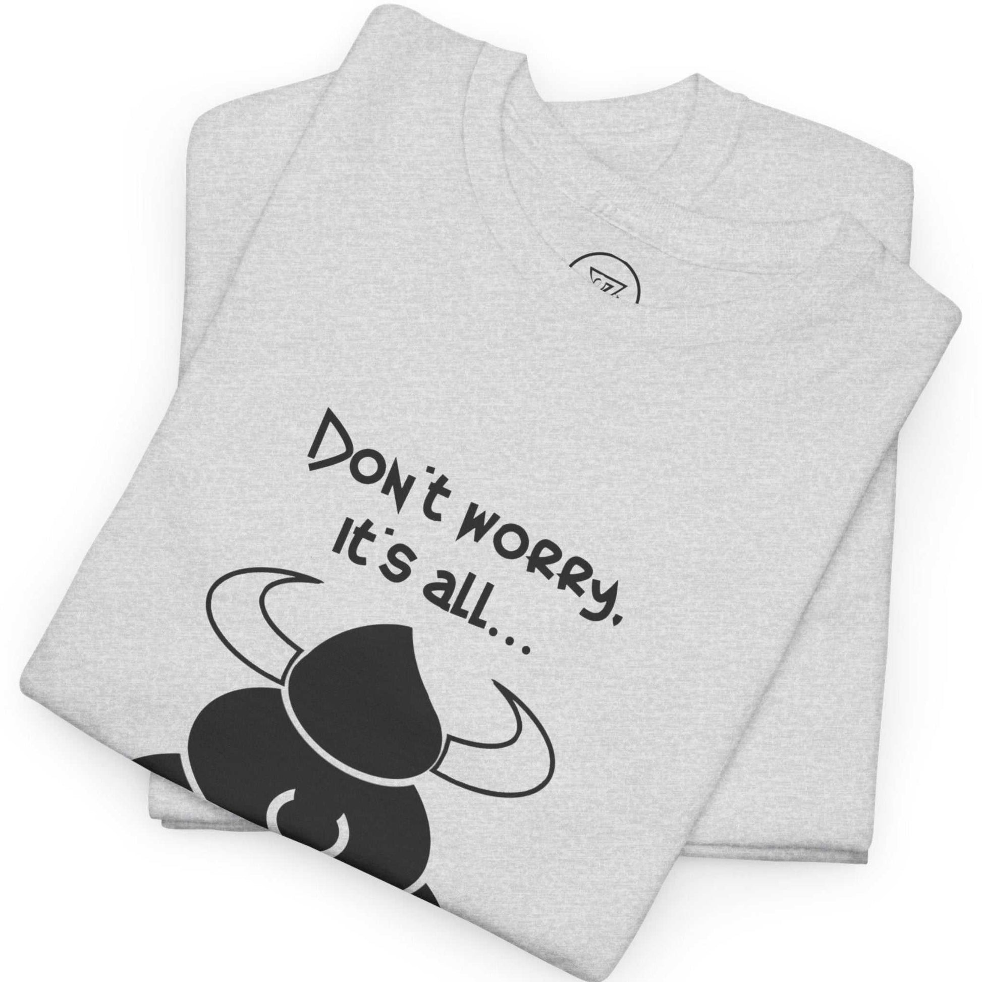 Neatly folded ash grey funny BS graphic tee showing the specially spun cotton fibers and part of the visual pun print, laid flat.