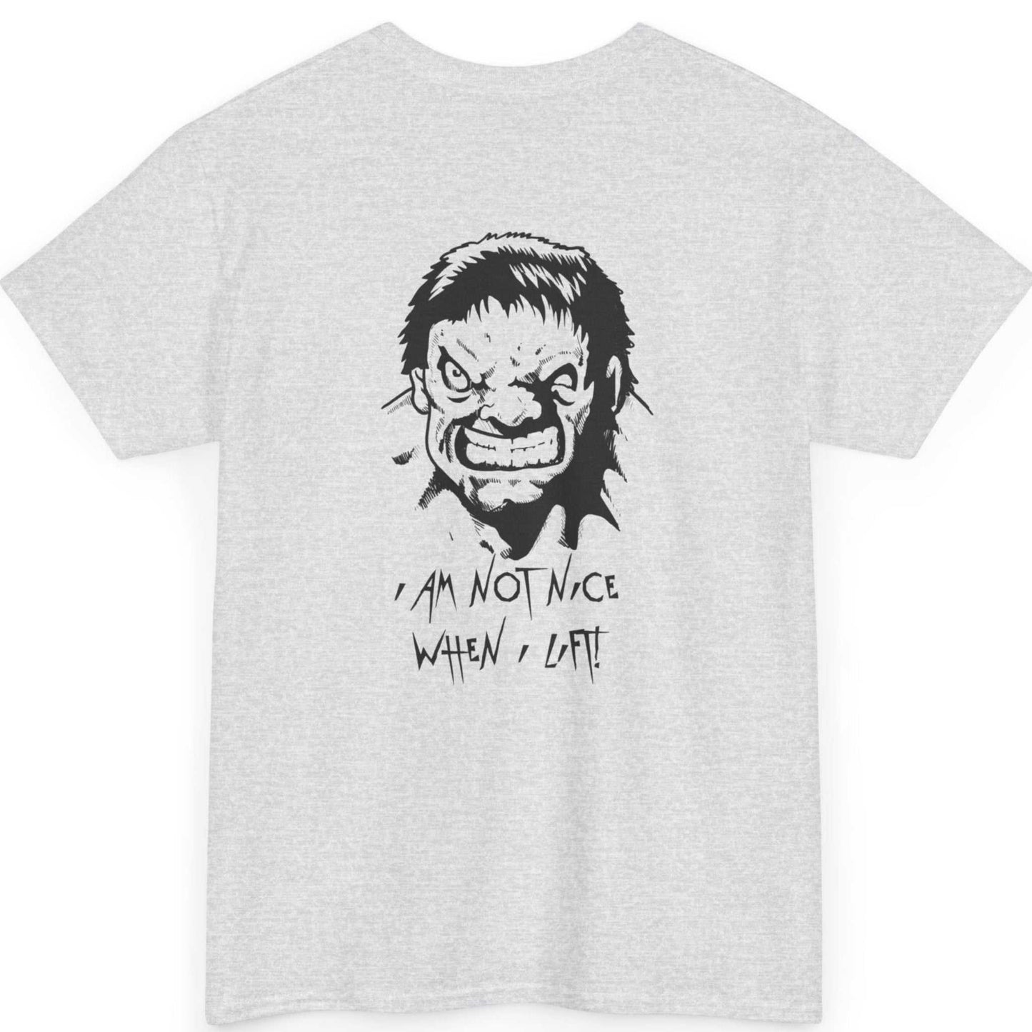 Back view of an ash grey gym quote graphic tee featuring the I am not nice when I lift comic back graphic.