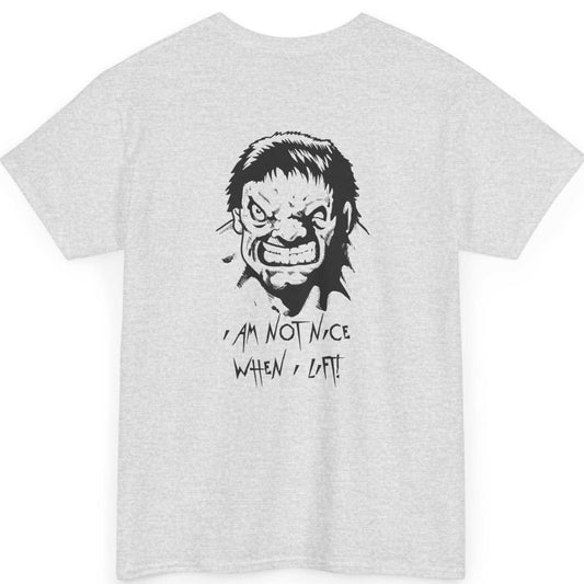 Back view of an ash grey gym quote graphic tee featuring the I am not nice when I lift comic back graphic.