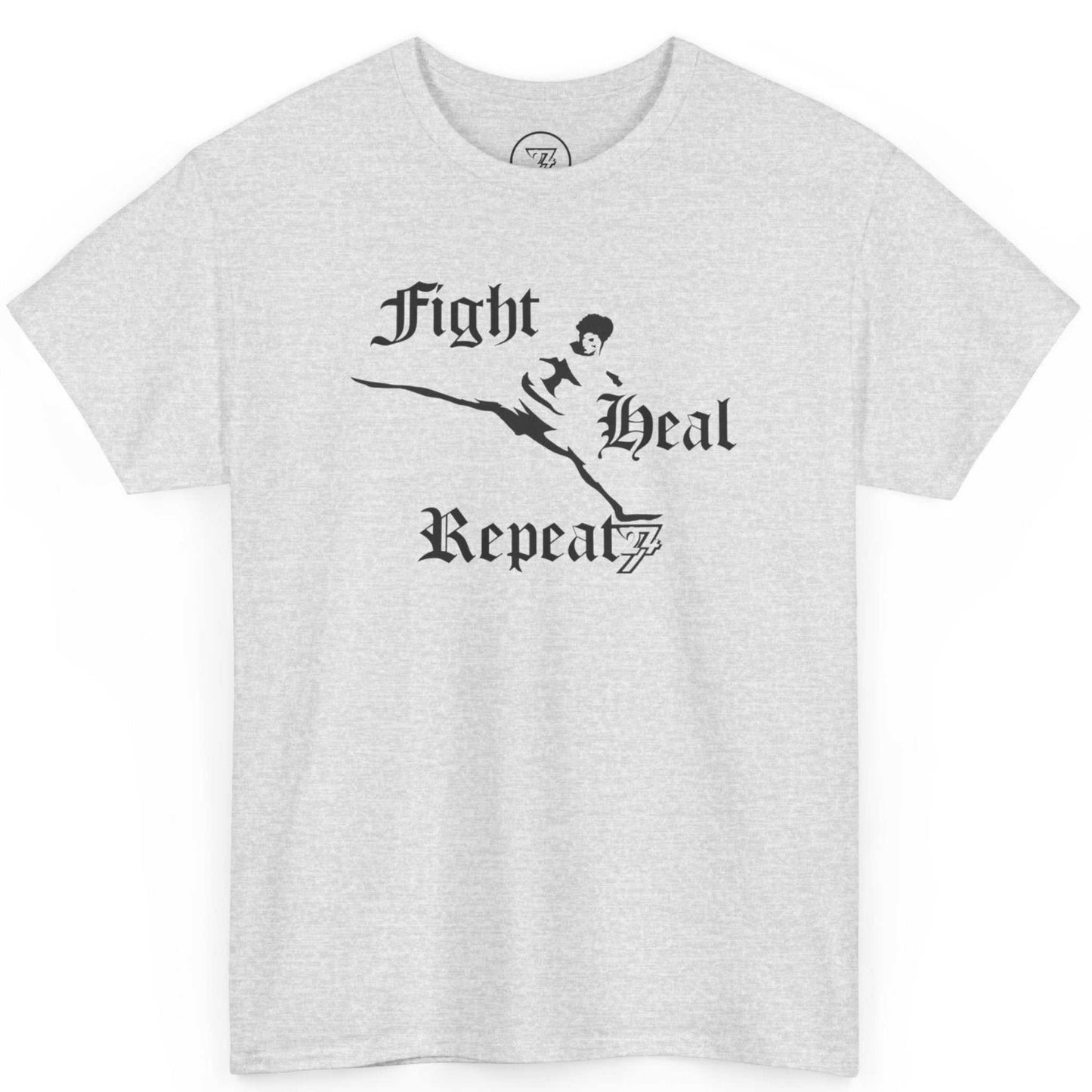 Front view of an ash grey life of a fighter t-shirt highlighting the hand-drawn kickboxing illustration, shown on a clean background.