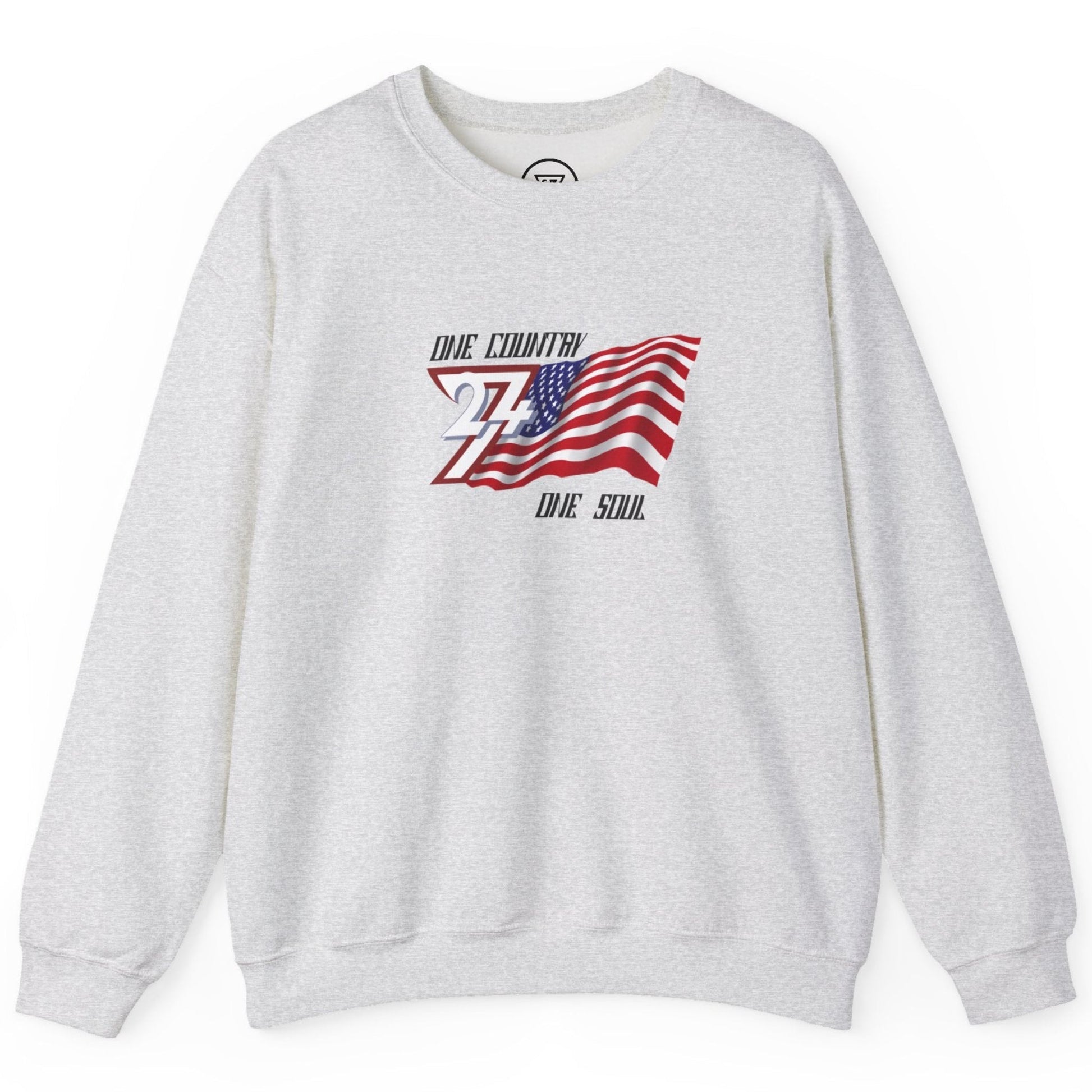 Ash grey patriotic crewneck sweater showcasing the USA flag design, laid flat.