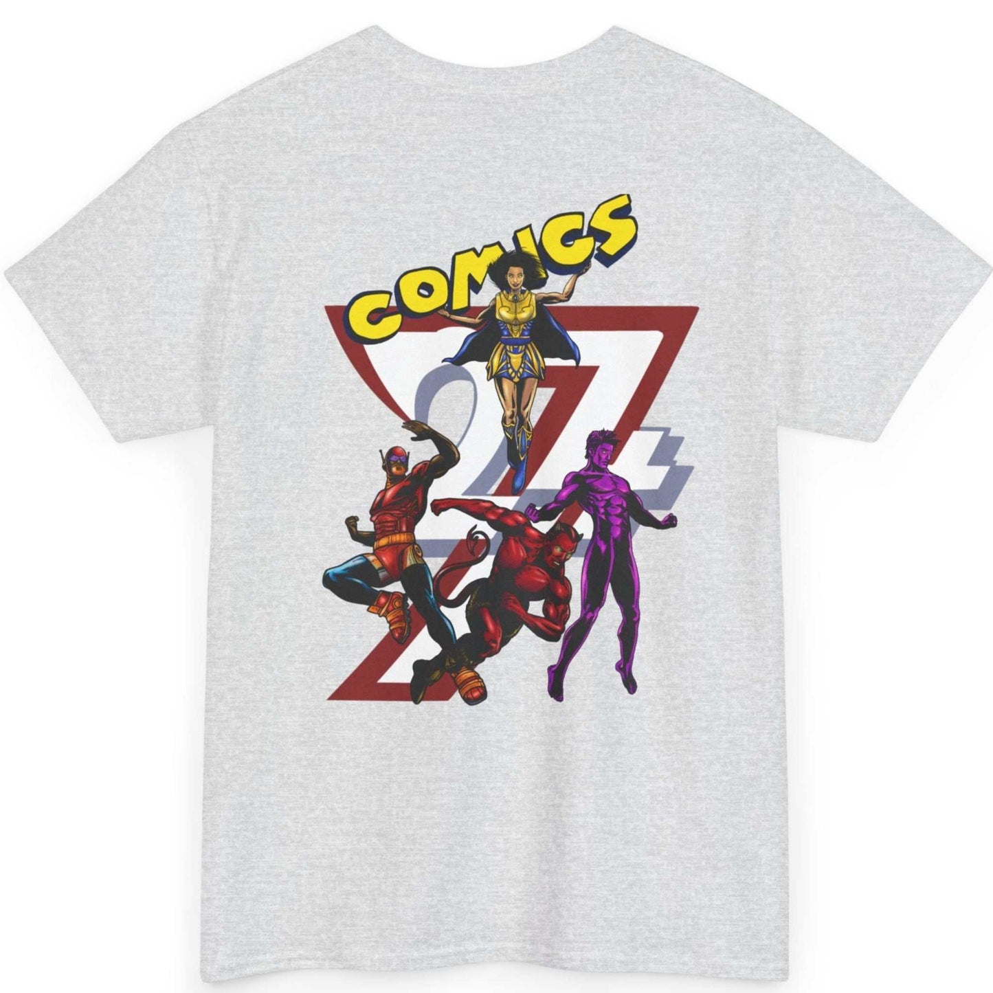 Back view of an ash grey retro comic art t-shirt highlighting the full-color dynamic superhero team artwork.