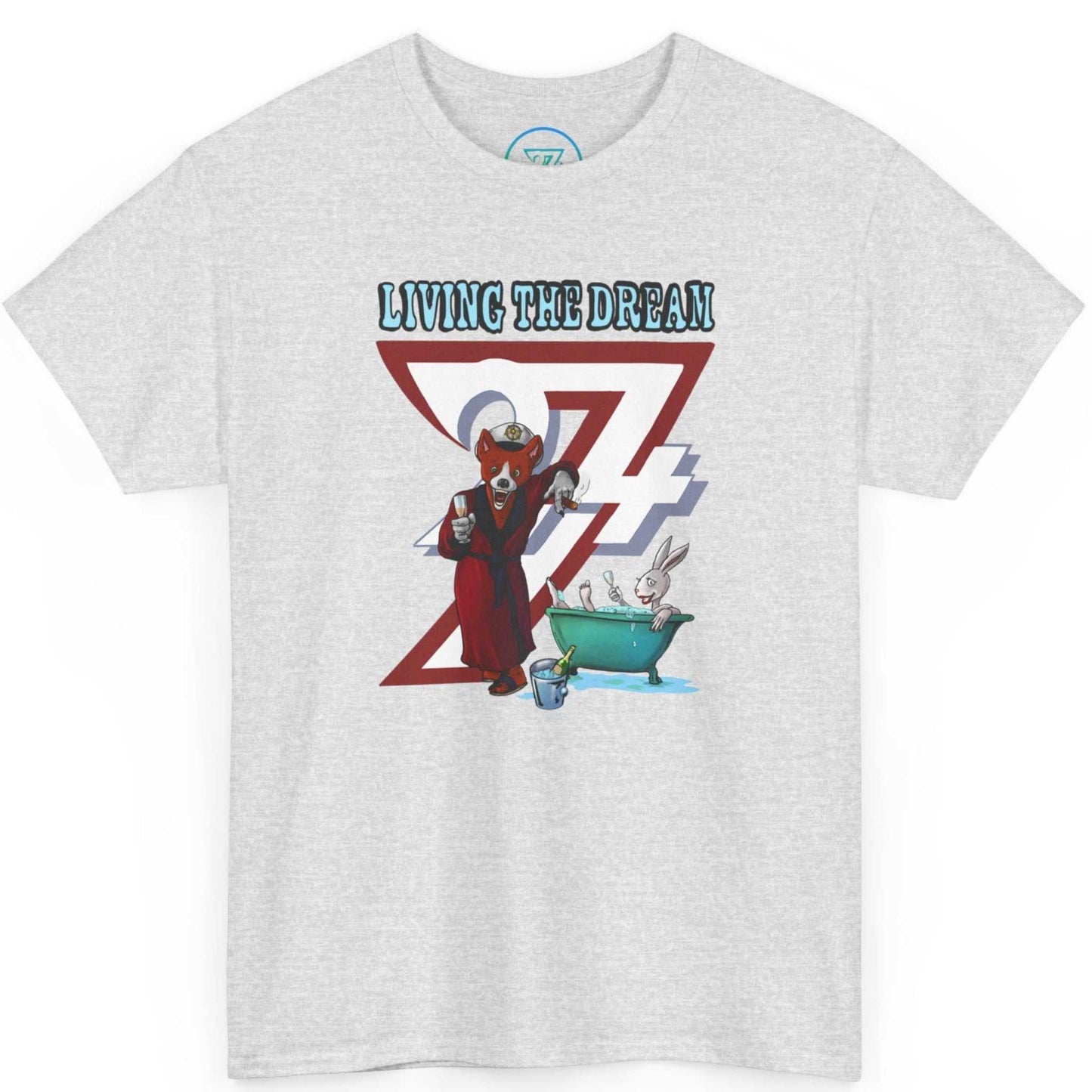 Ash grey retro mansion party apparel highlighting the colorful original comic art, laid flat.