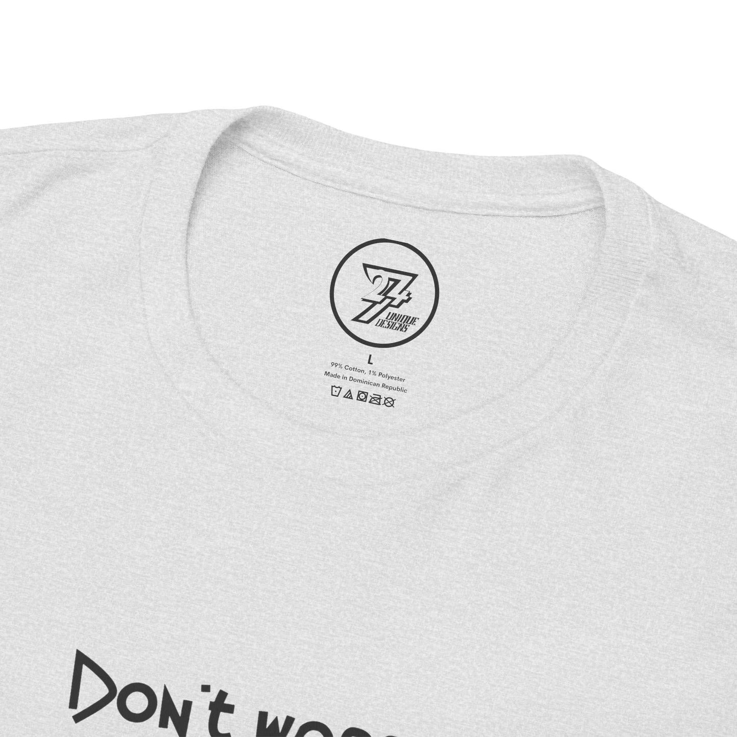 Close-up of the shape-retaining ribbed knit collar on the ash sarcastic don't worry shirt, highlighting the seamless construction.