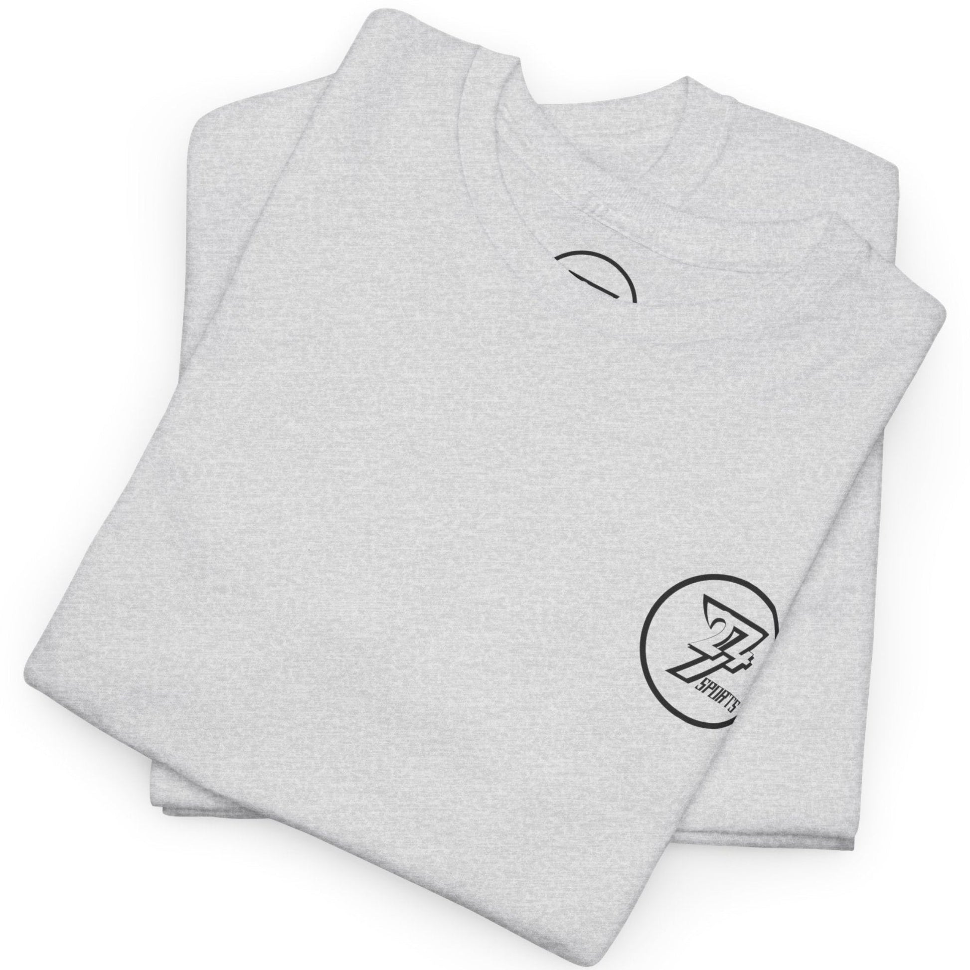 Neatly folded ash grey sarcastic gym shirt showing the crisp chest emblem and premium cotton blend fabric, laid flat.