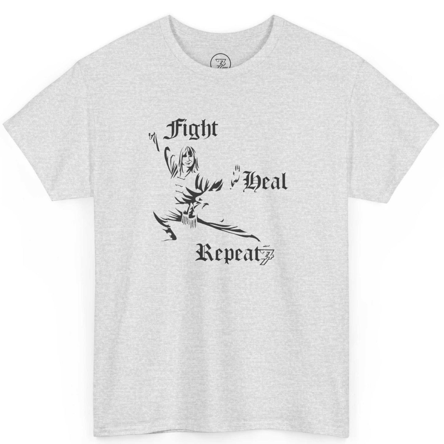 Front view of an ash grey traditional martial arts clothing tee showcasing the Fight Heal Repeat mantra, laid flat.