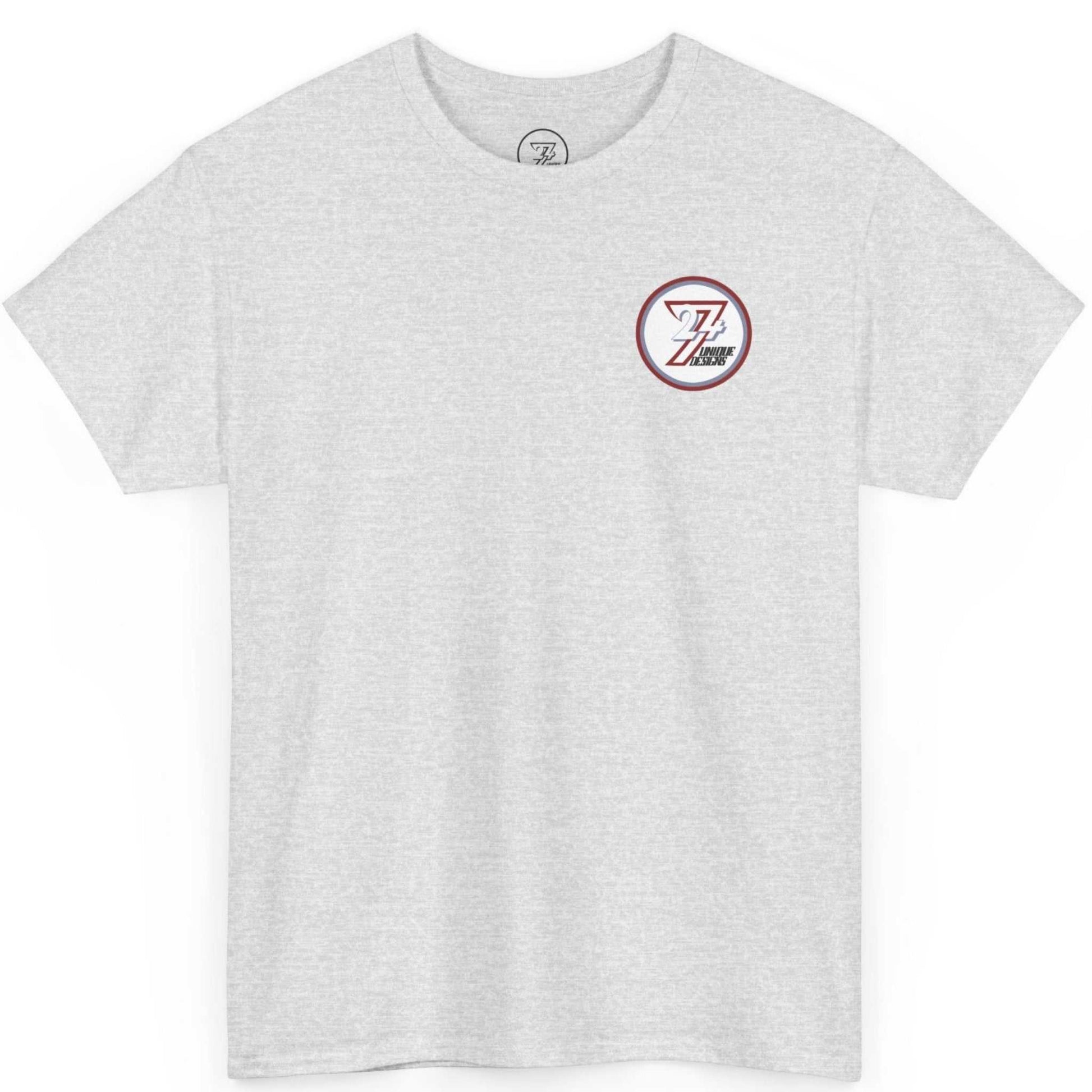 Front view of an ash grey two sided graphic tee displaying the classic circular brand logo on the chest.