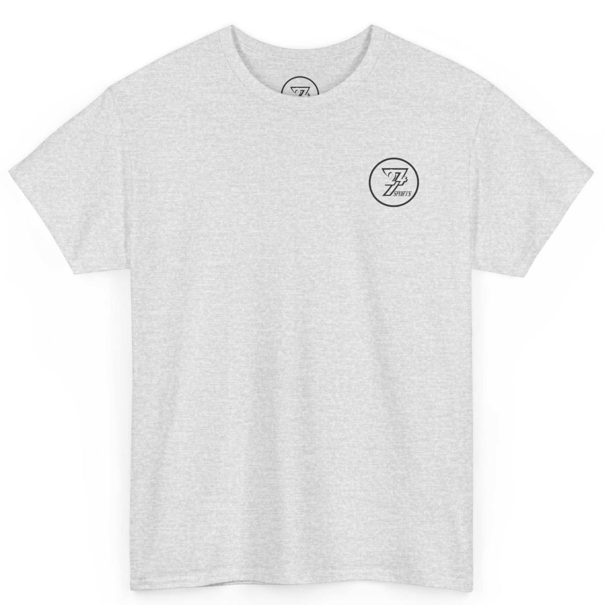 Front view of an ash grey weightlifting humor apparel tee showcasing the clean front chest branding, laid flat.