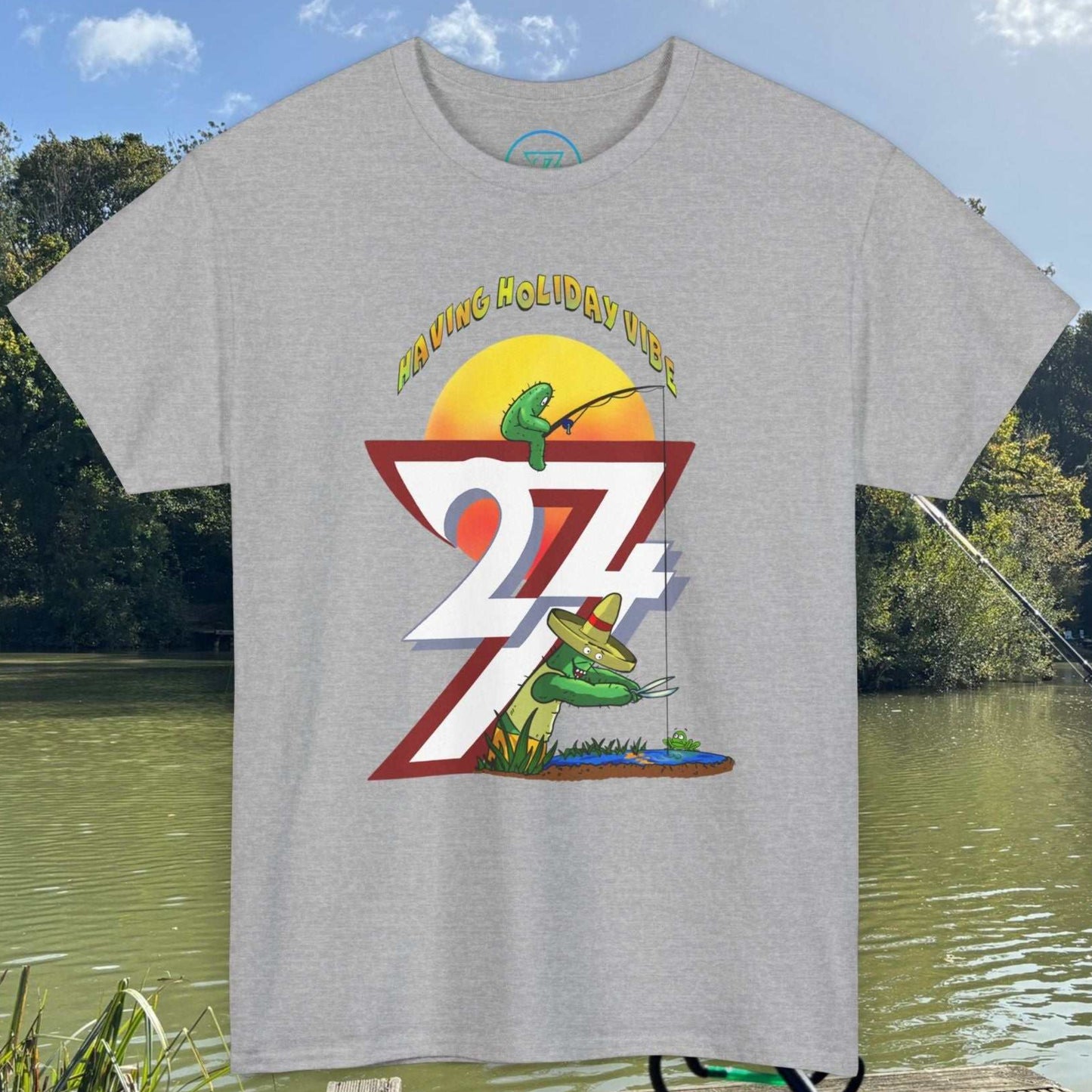 Athletic gray novelty summer shirt displaying a hand-drawn cactus fishing joke with a retro sunset.