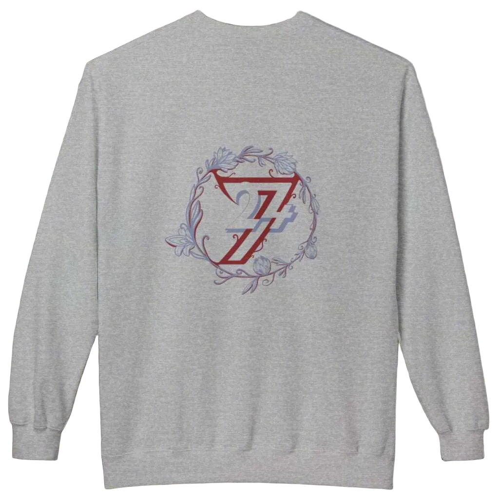 Back side of an athletic gray cotton crewneck showing a big flower illustration.