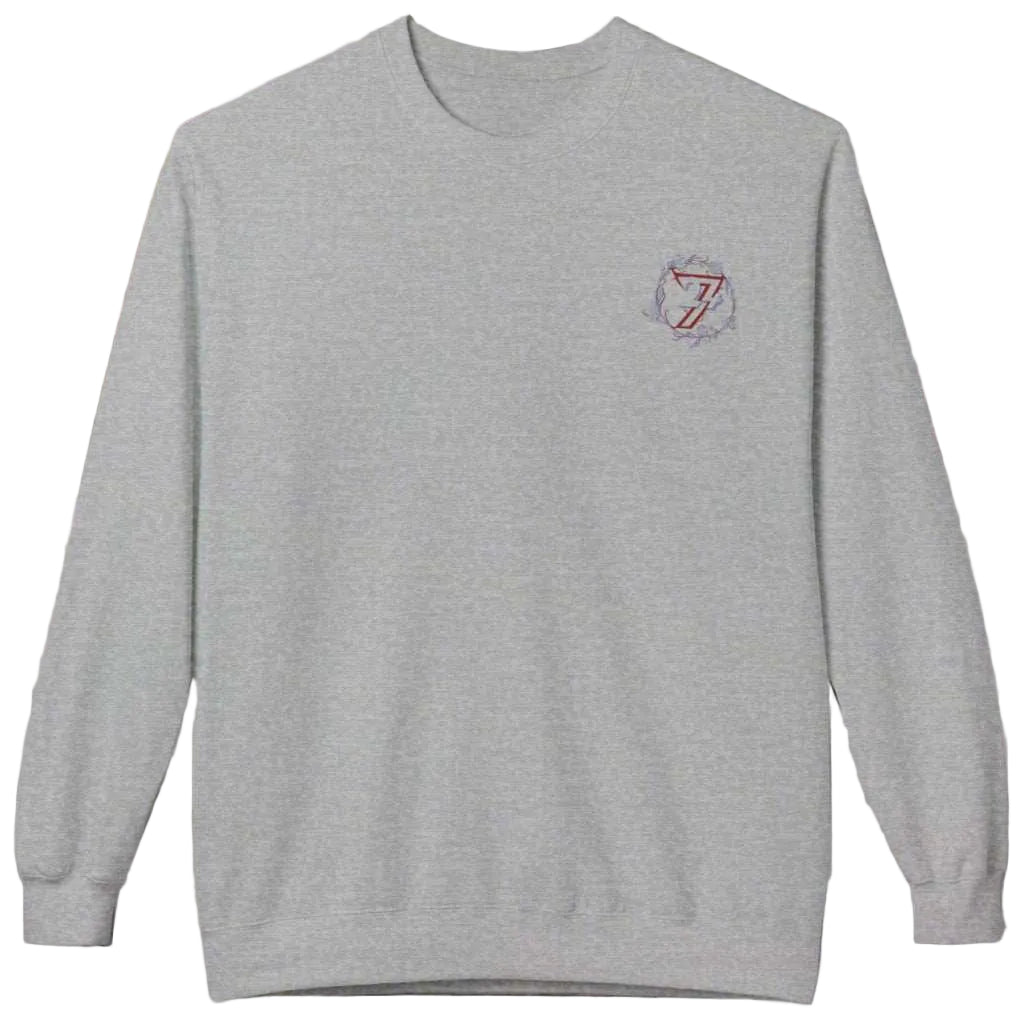 Athletic gray women's cozy pullover with dropped shoulders and a flower logo.