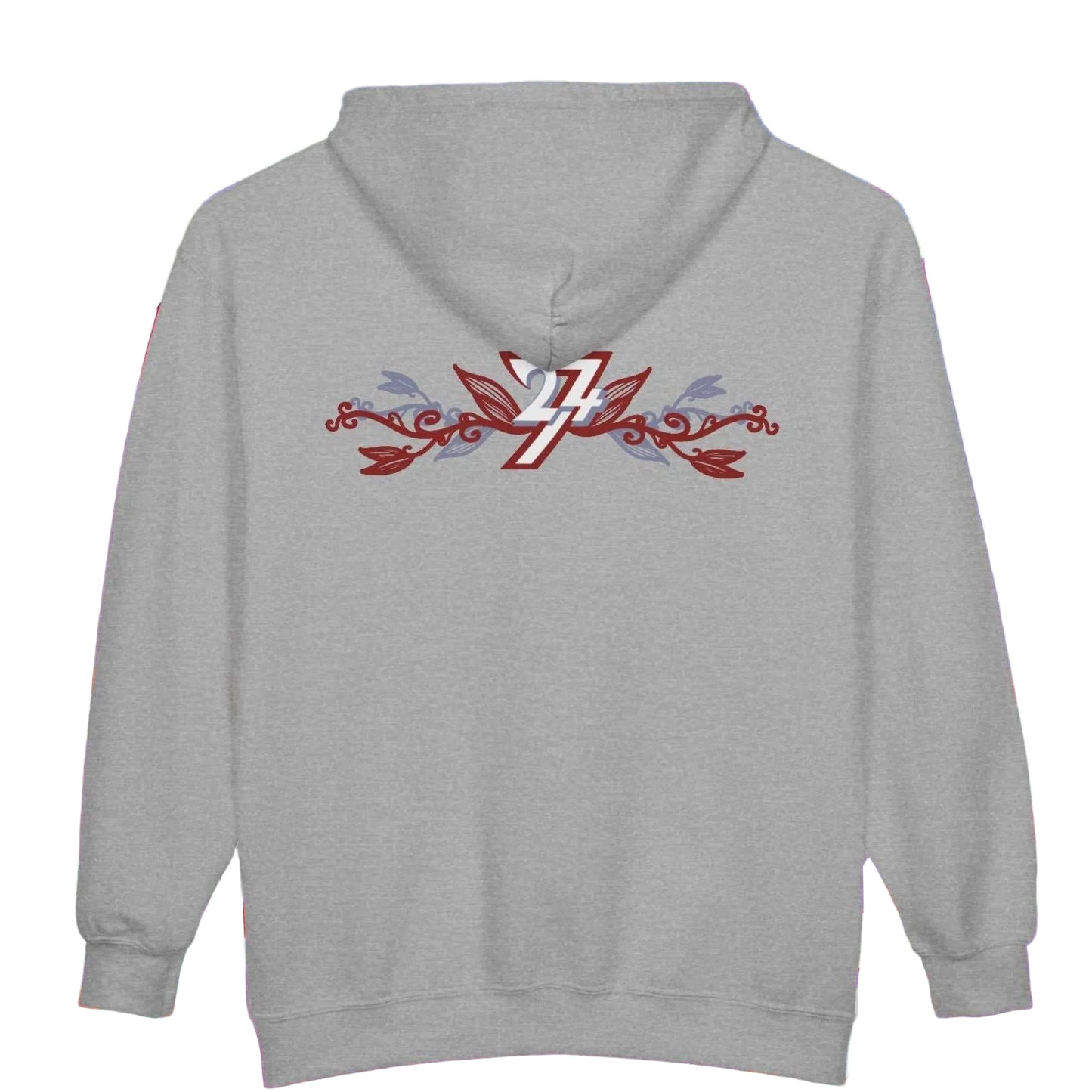 back view of an athletic gray zip-up hoodie displaying dual botanical graphics.