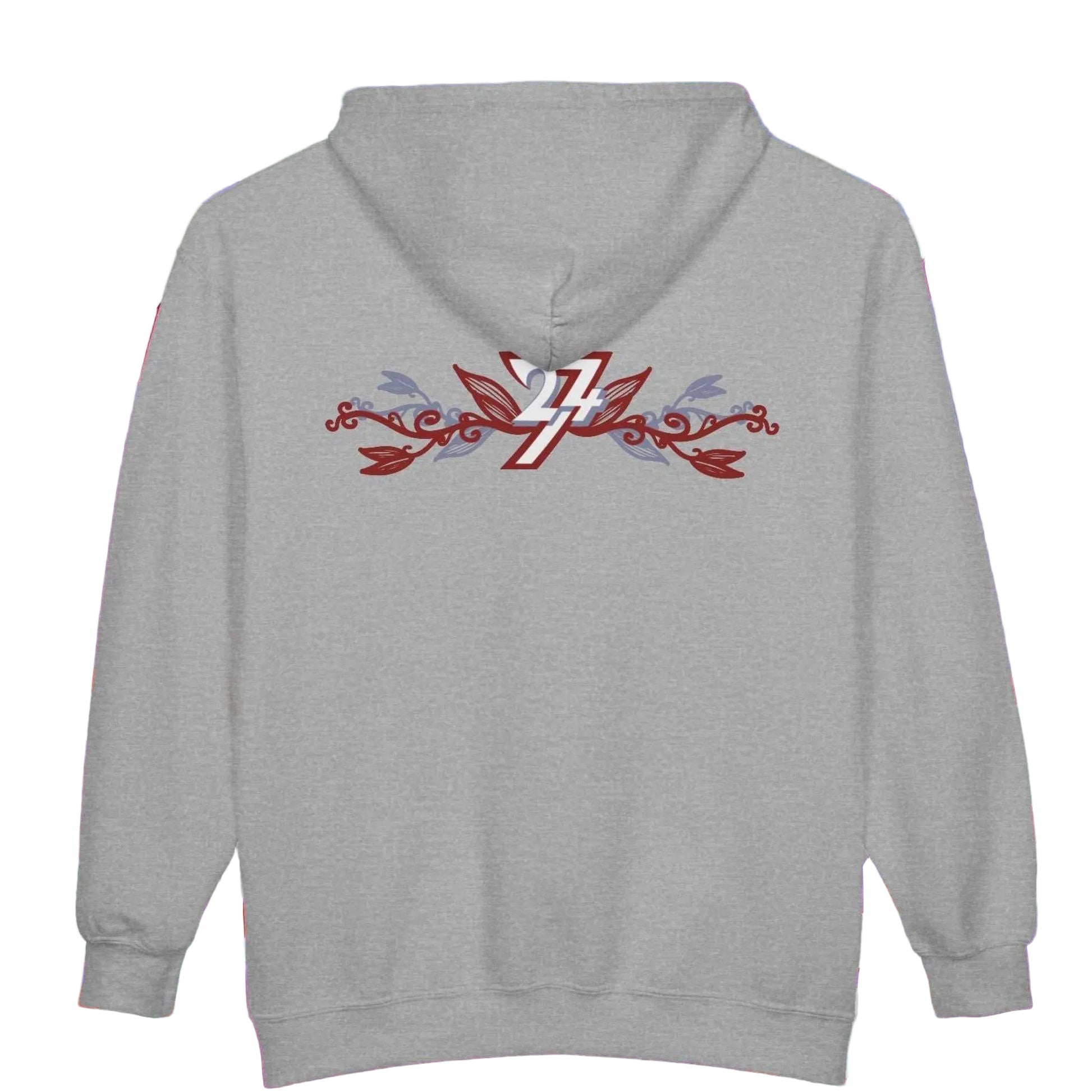 back view of an athletic gray zip-up hoodie displaying dual botanical graphics.