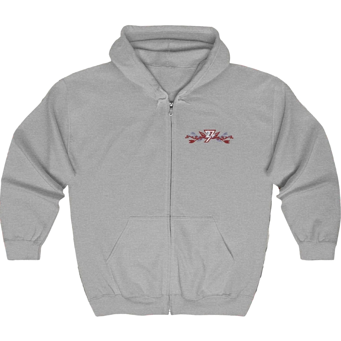 Front view of an athletic gray zip-up hoodie displaying dual botanical graphics.