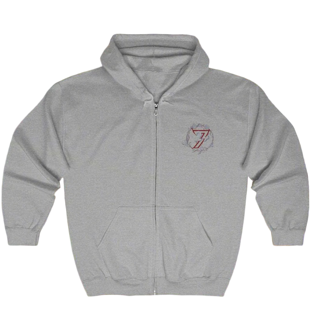 Athletic gray zip up sweatshirt featuring a small chest flower design.
