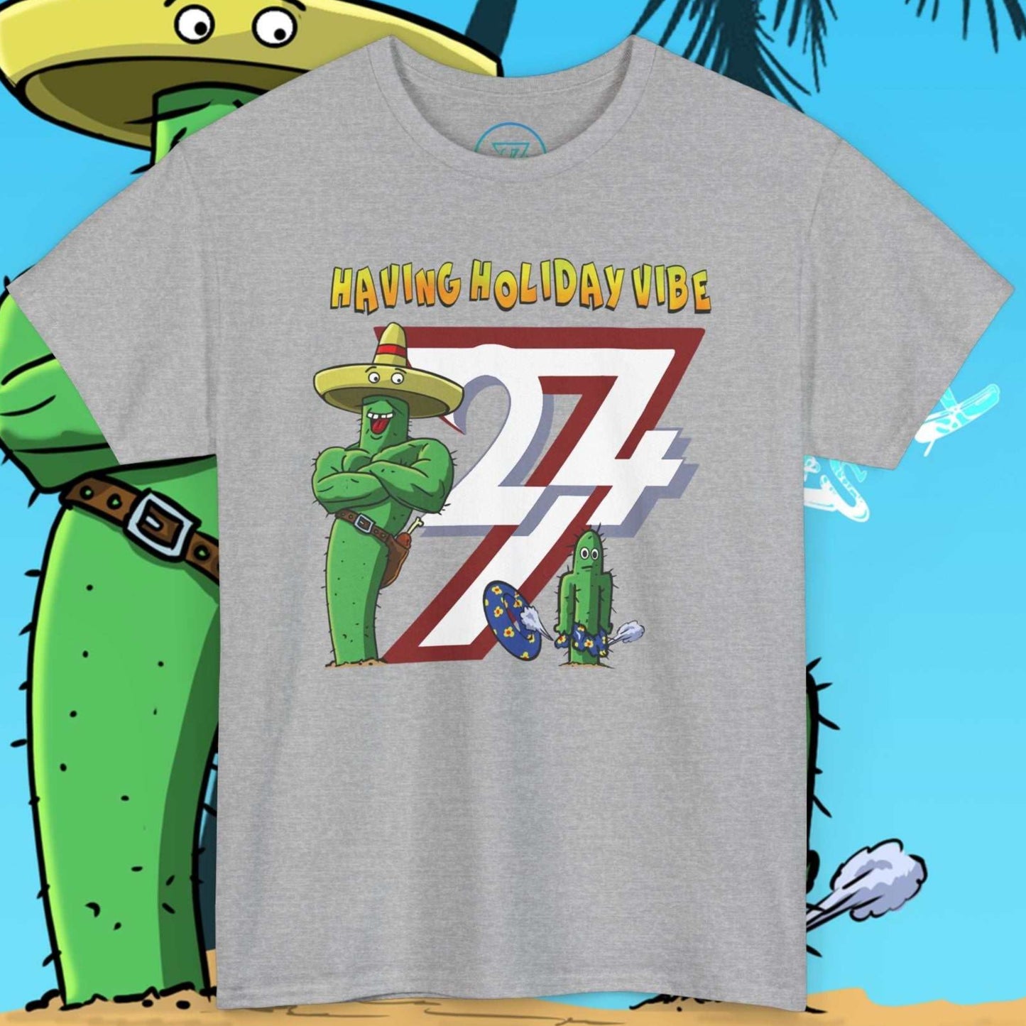 Athletic gray novelty summer shirt displaying a hand-drawn father-son cactus holiday joke.