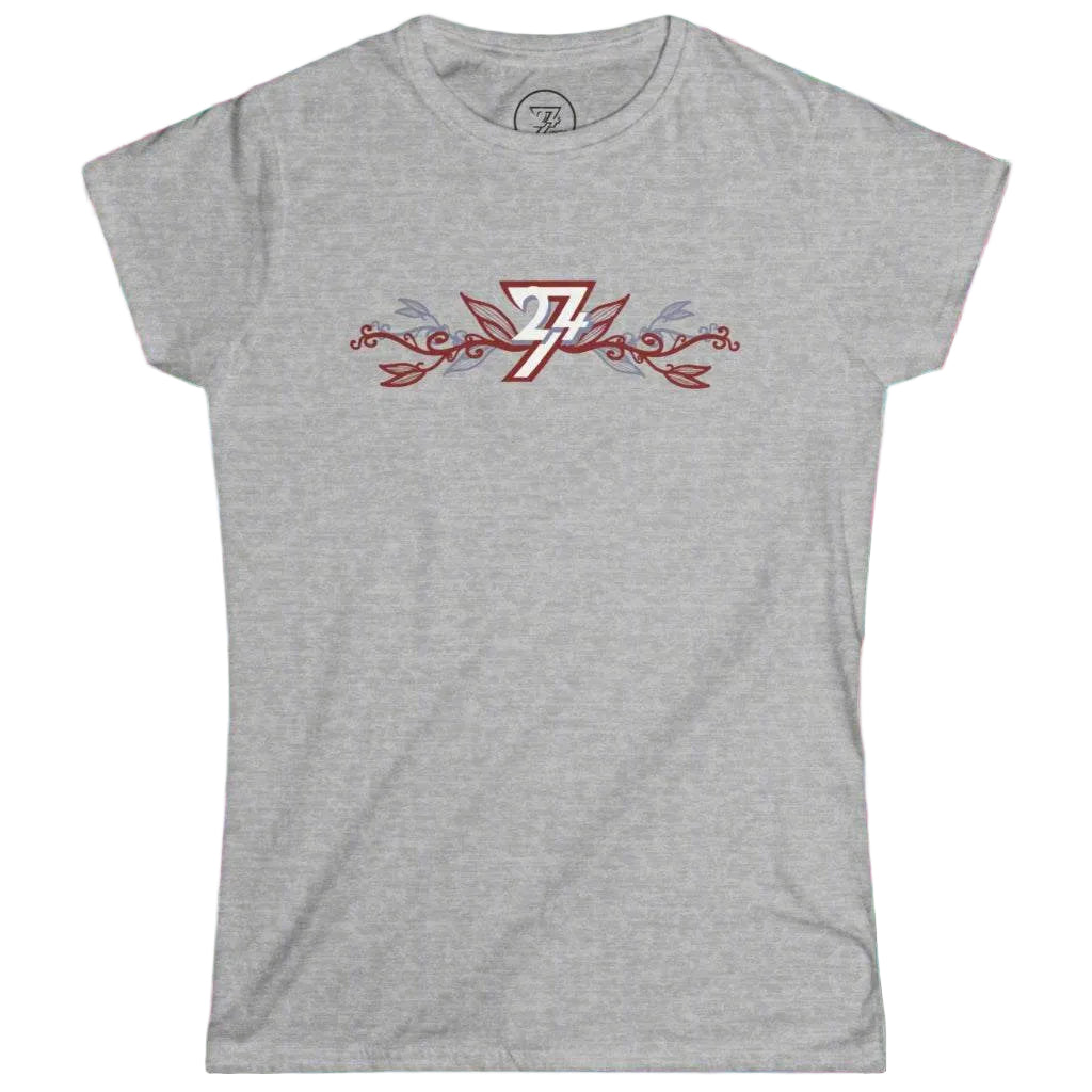 Athletic gray women's softstyle t-shirt featuring an exclusive elegant flower and logo graphic.