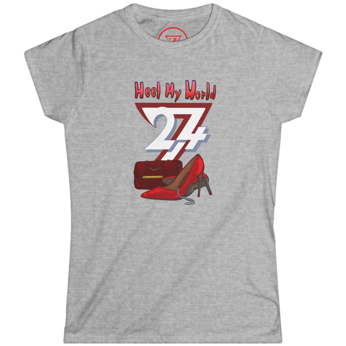Athletic grey chic women's clothing tee highlighting the elegant shoe and pearl art, displayed on a clean background.
