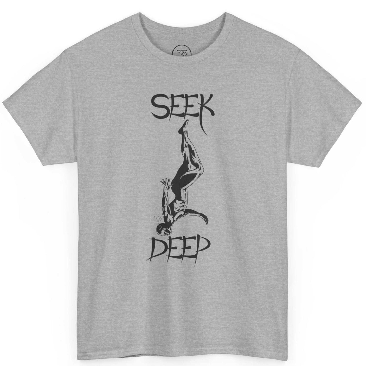 Athletic grey scuba shirt displaying the hand-drawn diver graphic, shown on a clean background.