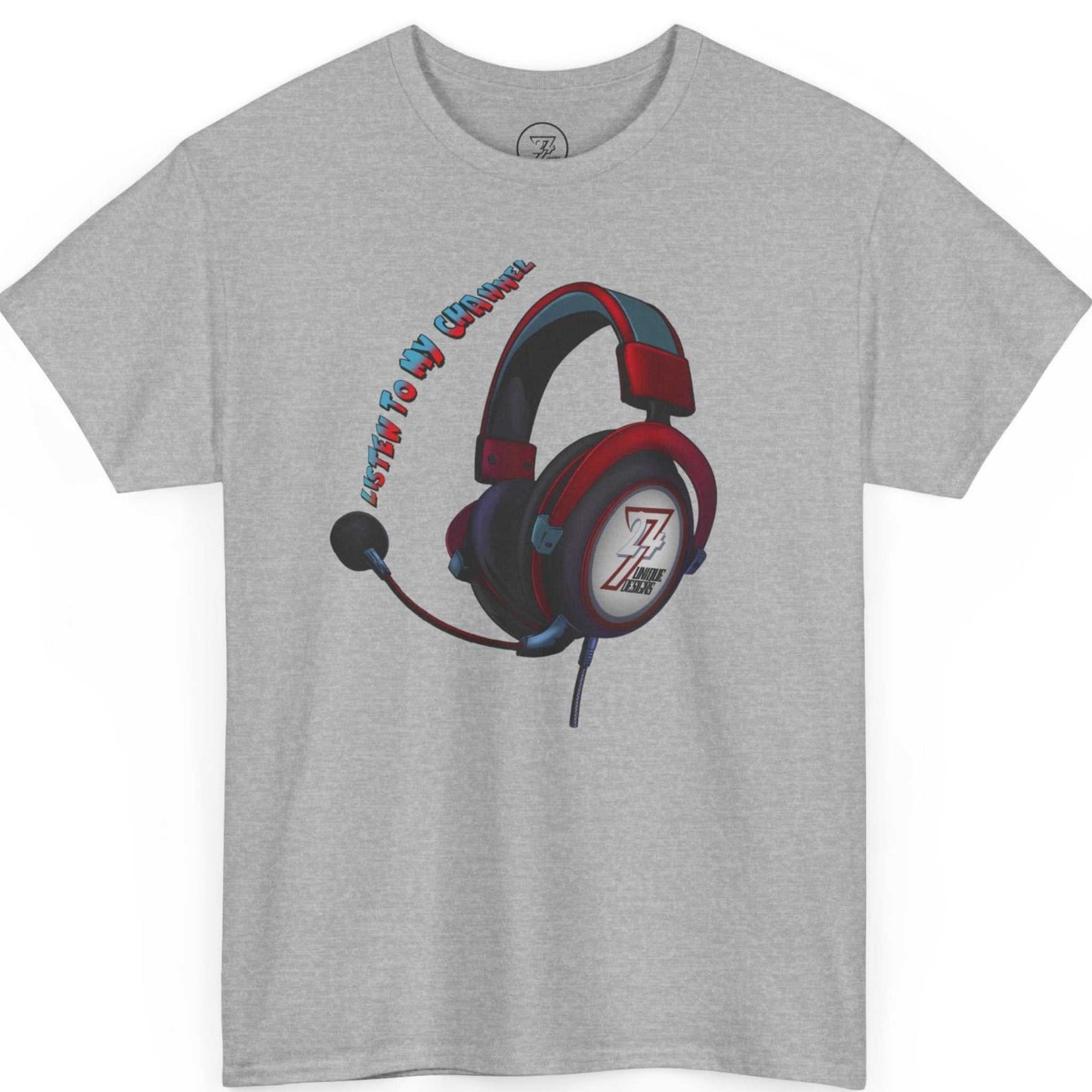 Athletic grey Twitch streamer gift tee featuring the subtle 24/7 logo on the earcup, shown on a clean background.