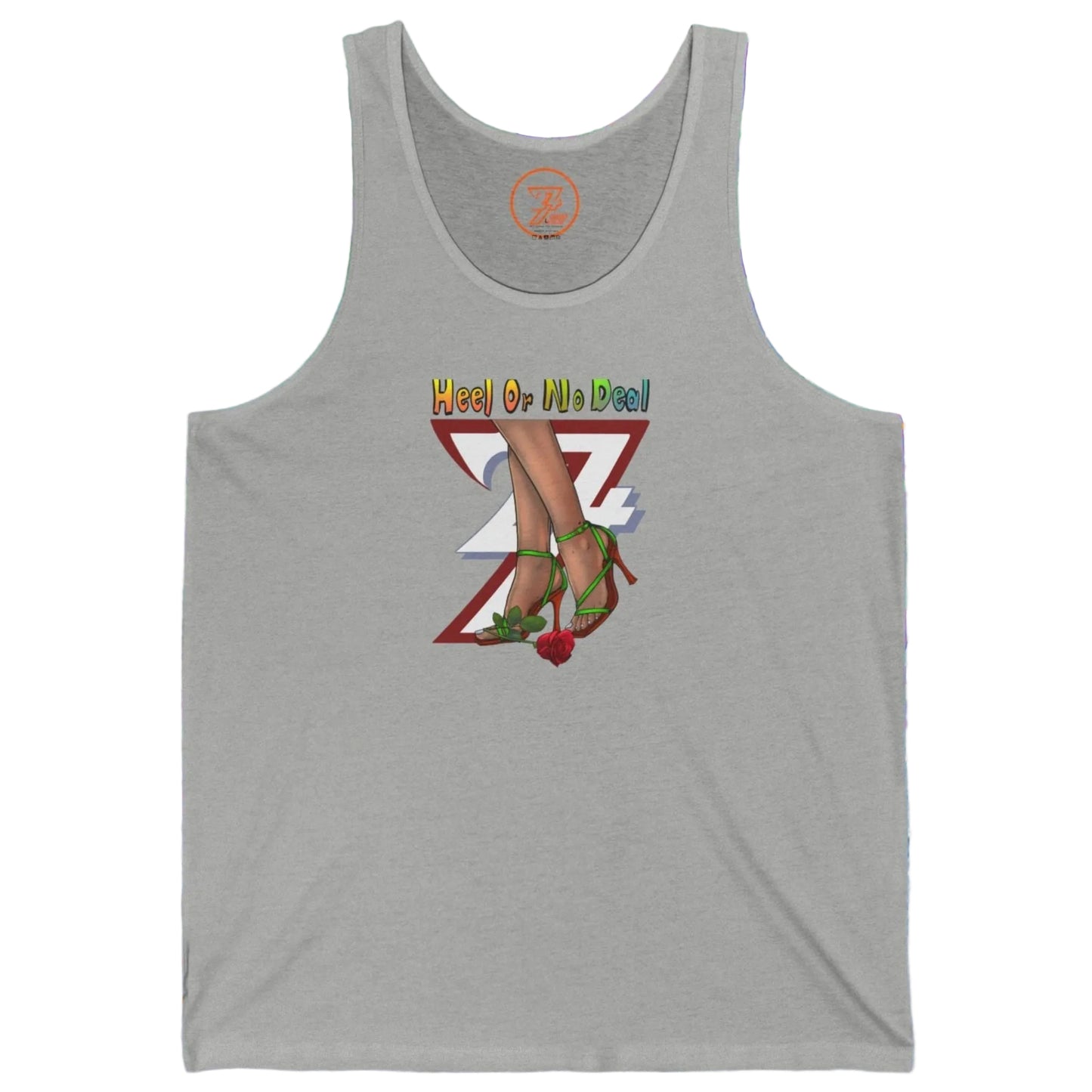 Athletic heather gray casual tank top with a vibrant green heels and red rose chest logo.