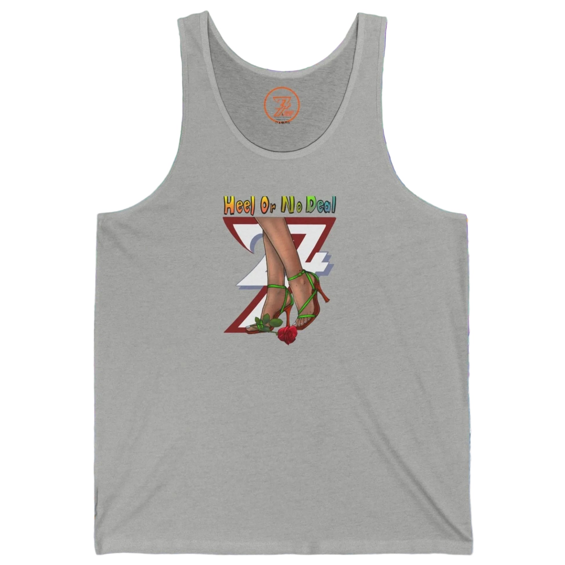 Athletic heather gray casual tank top with a vibrant green heels and red rose chest logo.