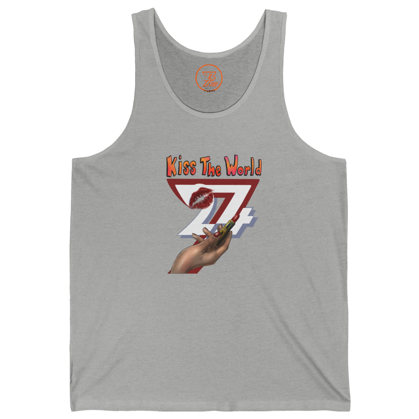 Athletic heather gray casual tank top with a colorful Kiss The World chest logo.