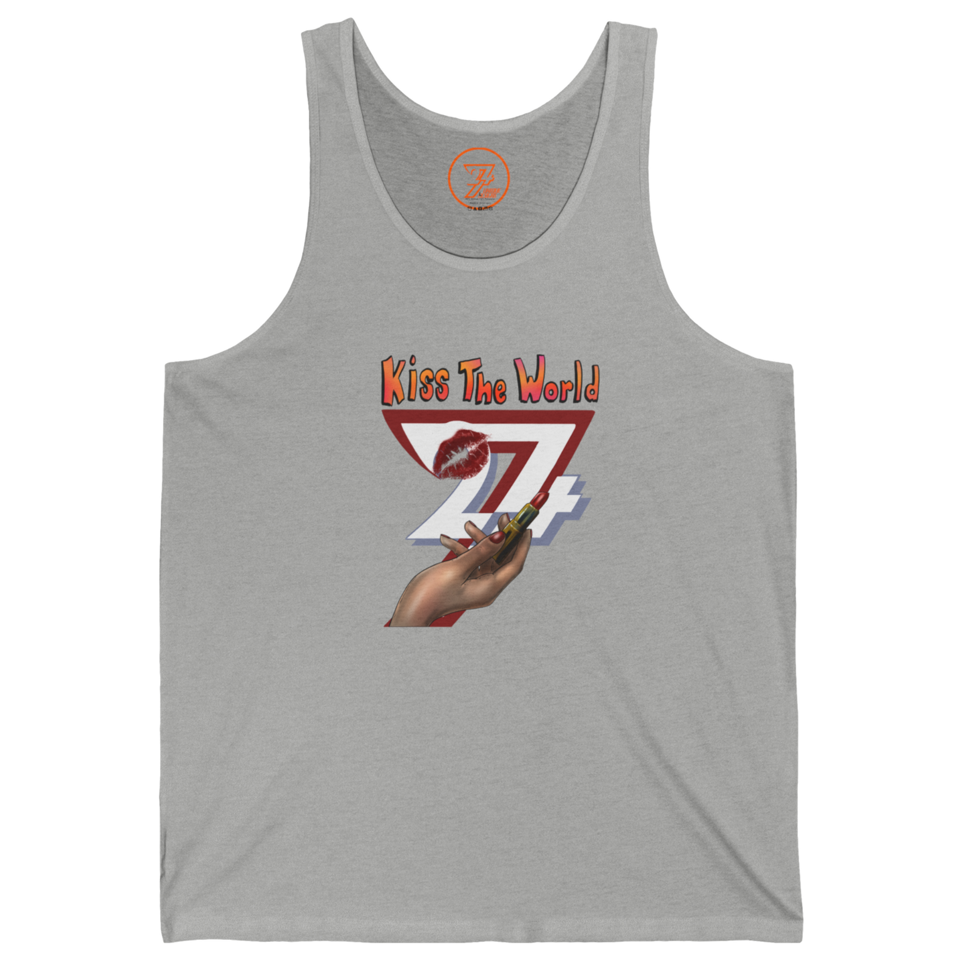 Athletic heather gray casual tank top with a colorful Kiss The World chest logo.