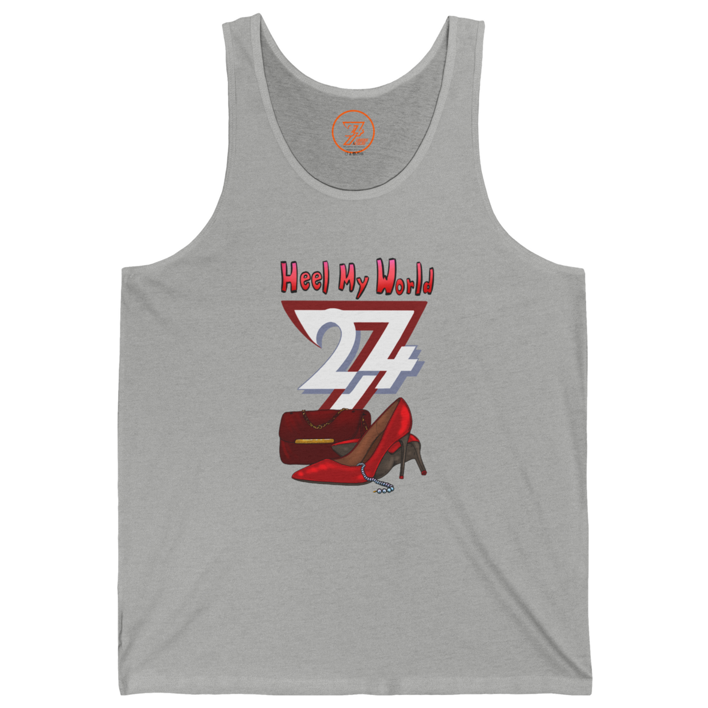 Athletic heather gray casual graphic tank with vibrant red fashion accessories.