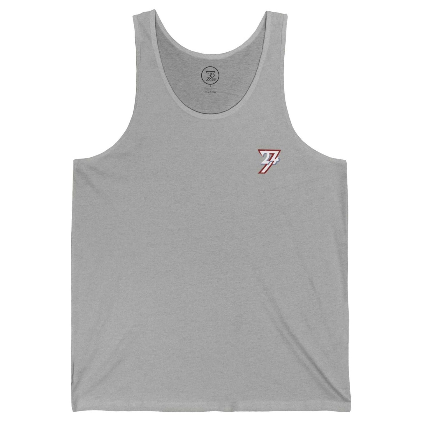 Front view of an athletic heather grey cool workout shirt tank displaying the iconic 24/7 logo, shown on a clean background.