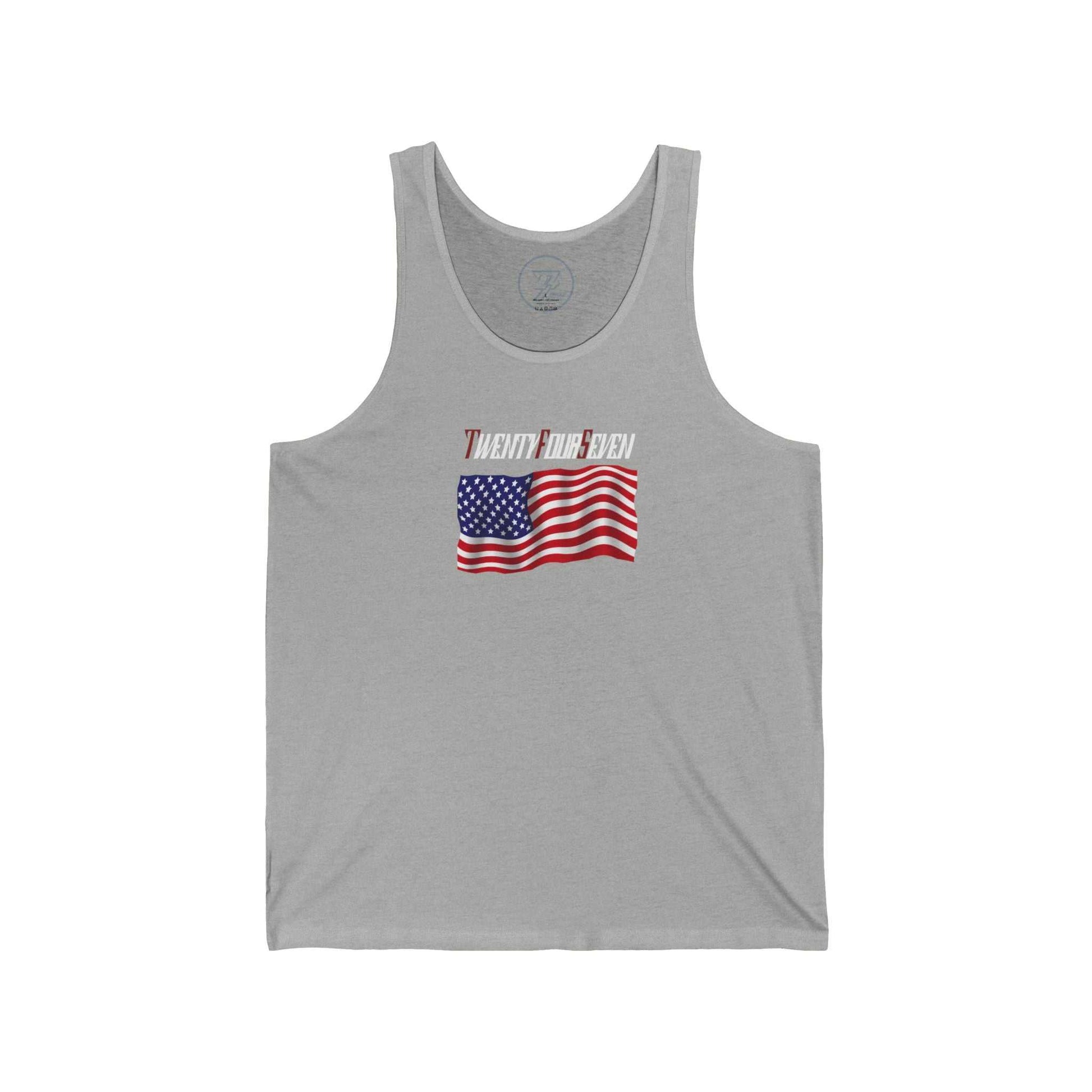 Athletic heather grey casual summer tank with a custom waving USA flag and corporate text logo.