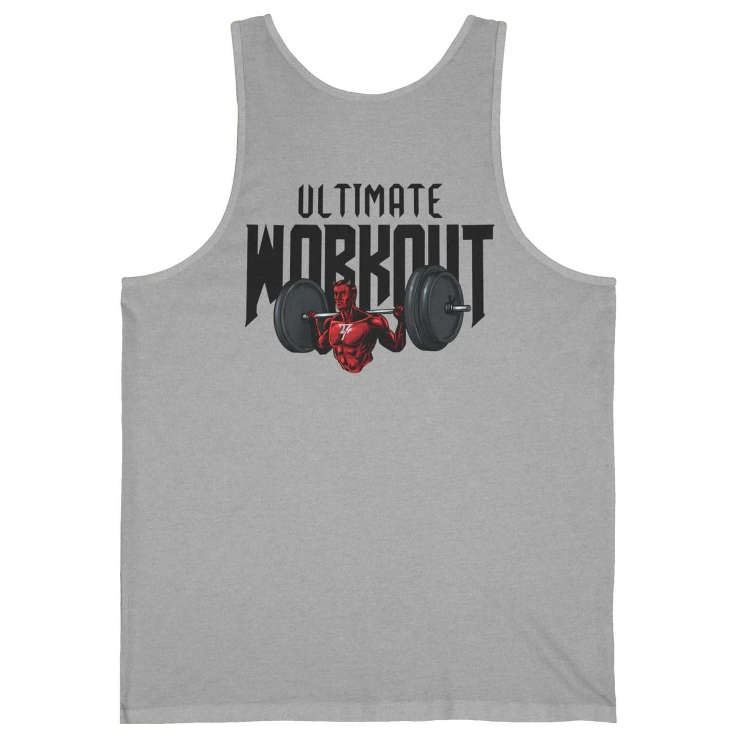 Back view of an athletic heather grey funny bodybuilding shirt featuring the Ultimate Workout comic back graphic.