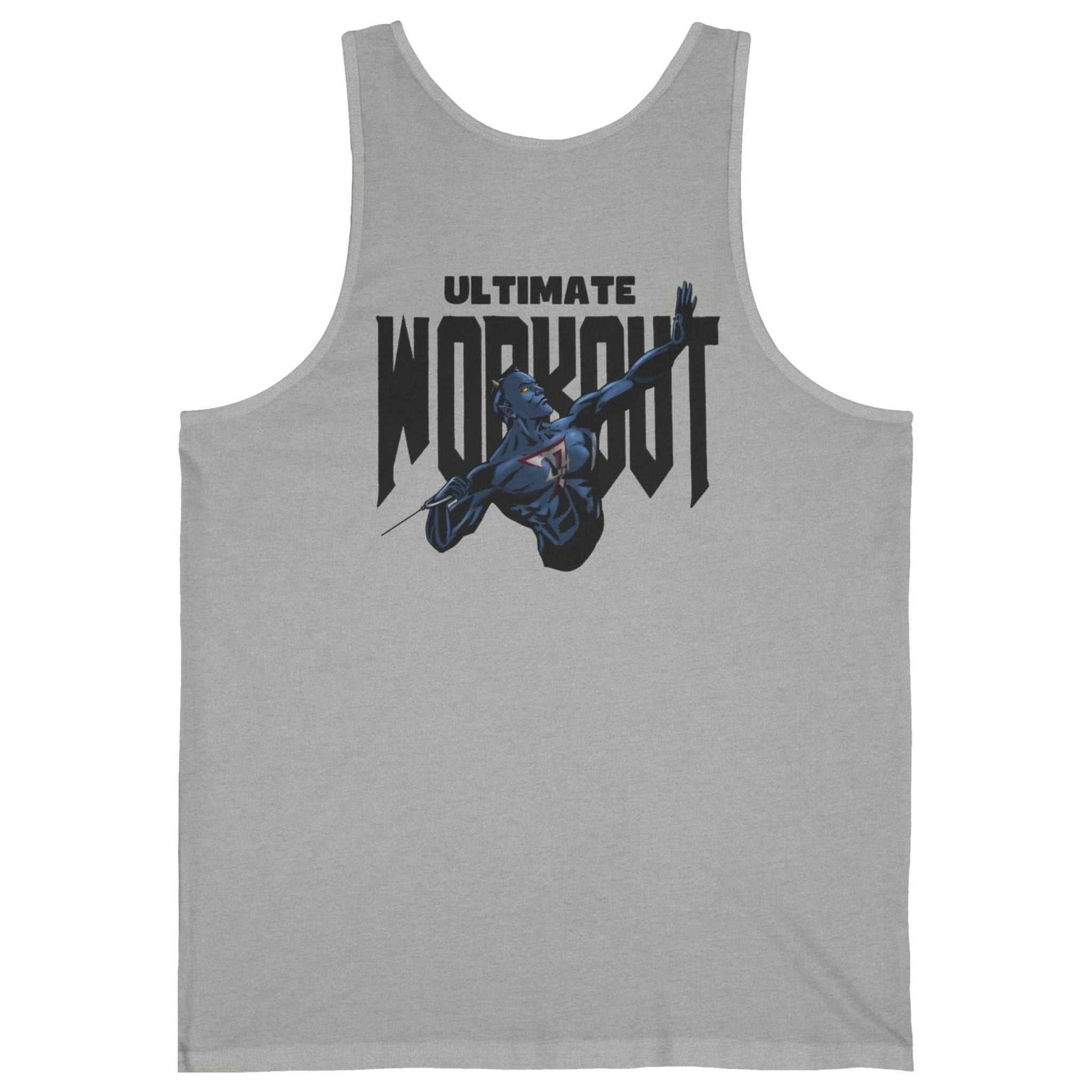 Back view of an athletic heather grey funny muscle tank highlighting the detailed blue Dablo character gym illustration.