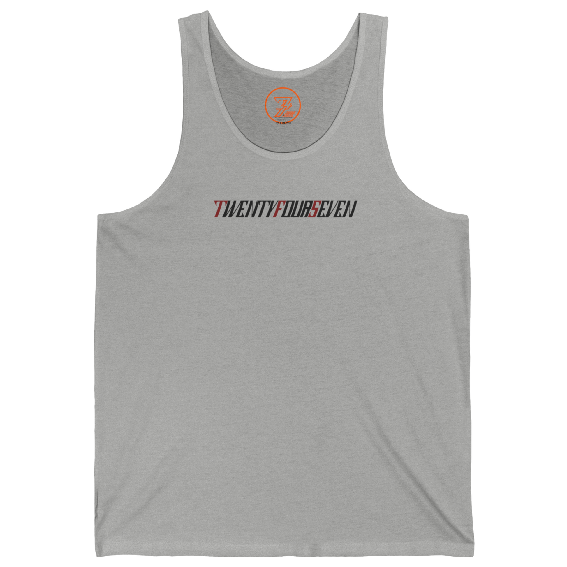 Athletic heather gray casual summer top displaying a bespoke geometric logo font.