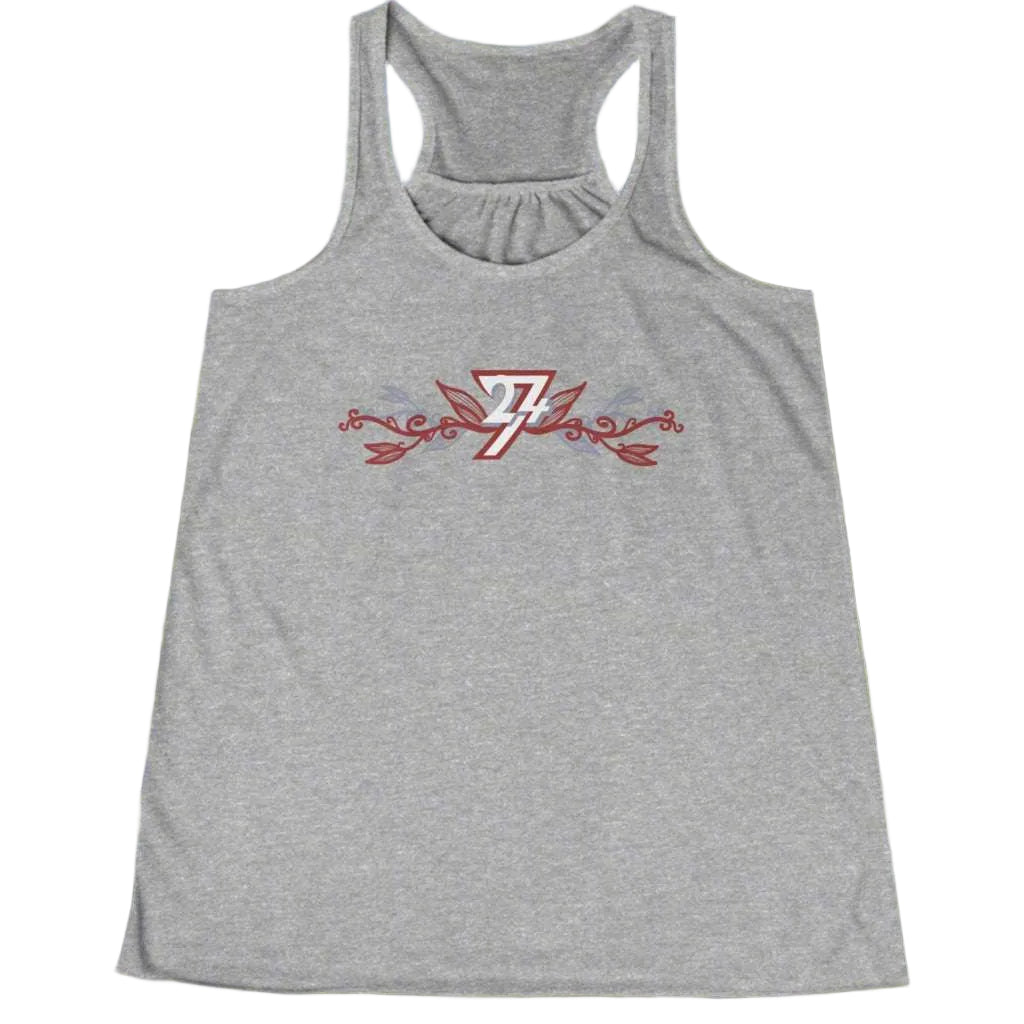 Athletic heather gray racerback top with a flattering fit and indie art chest print.
