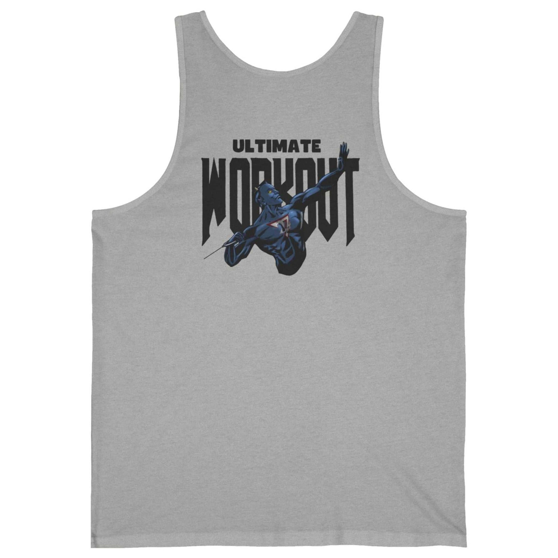 Back view of an athletic heather grey horror gym apparel tank featuring the Ultimate Workout comic back graphic.