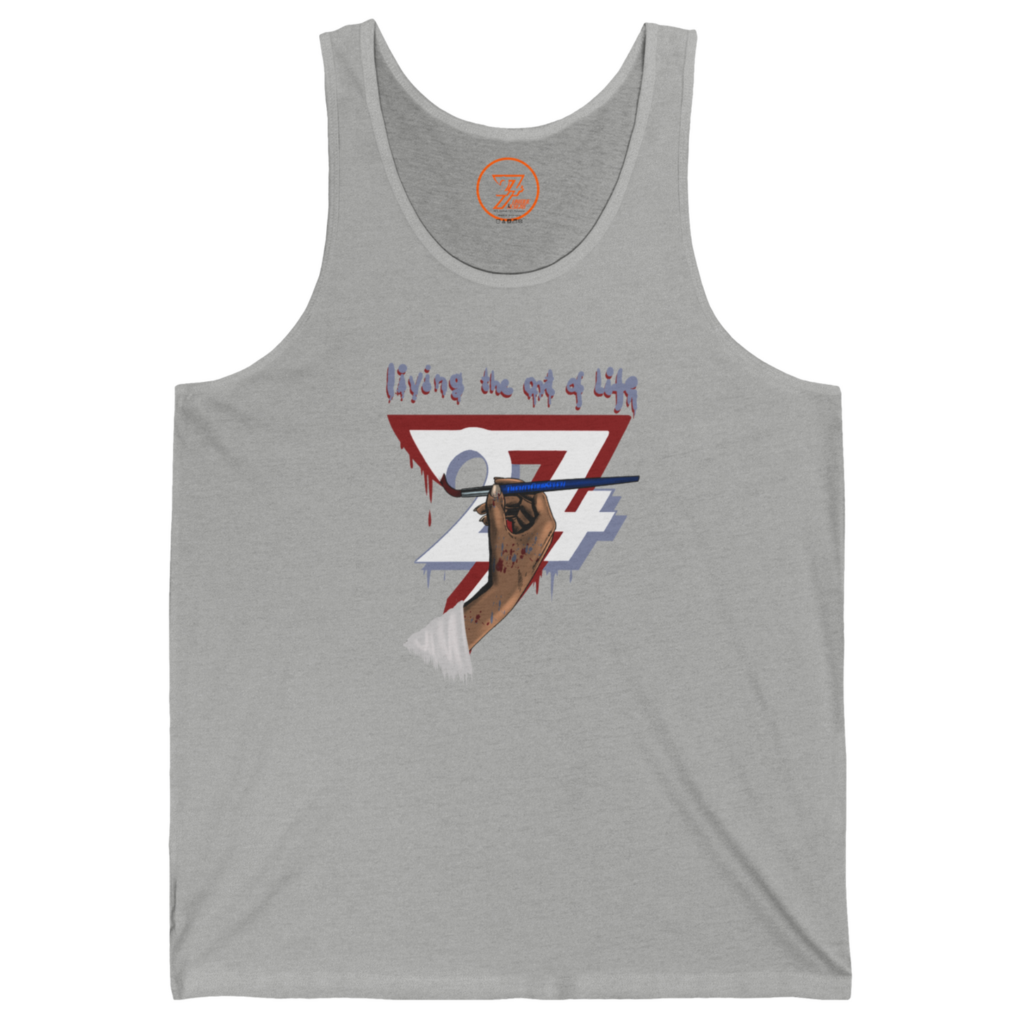 Athletic heather gray casual tank top with an inspiring art of life chest graphic.