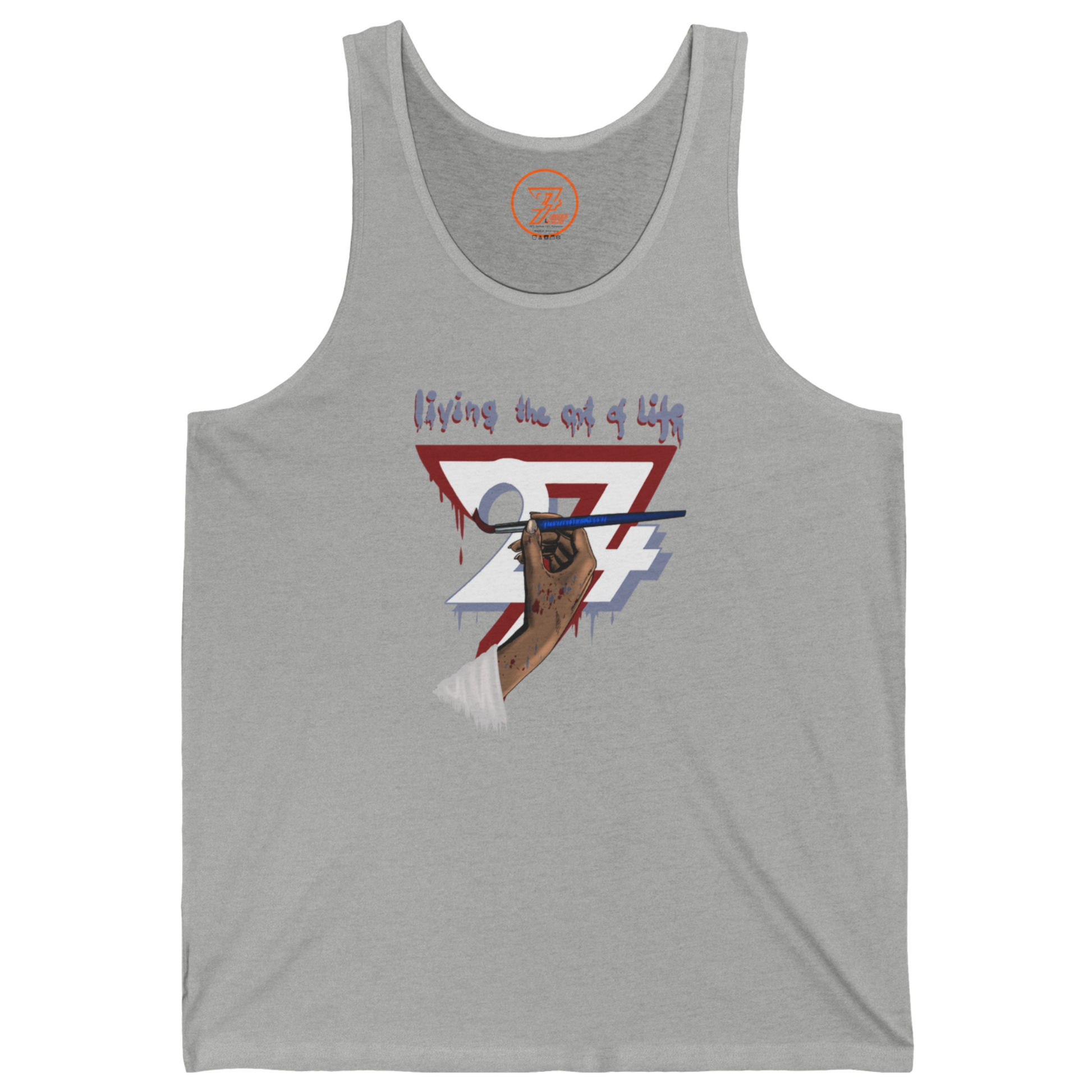 Athletic heather gray casual tank top with an inspiring art of life chest graphic.