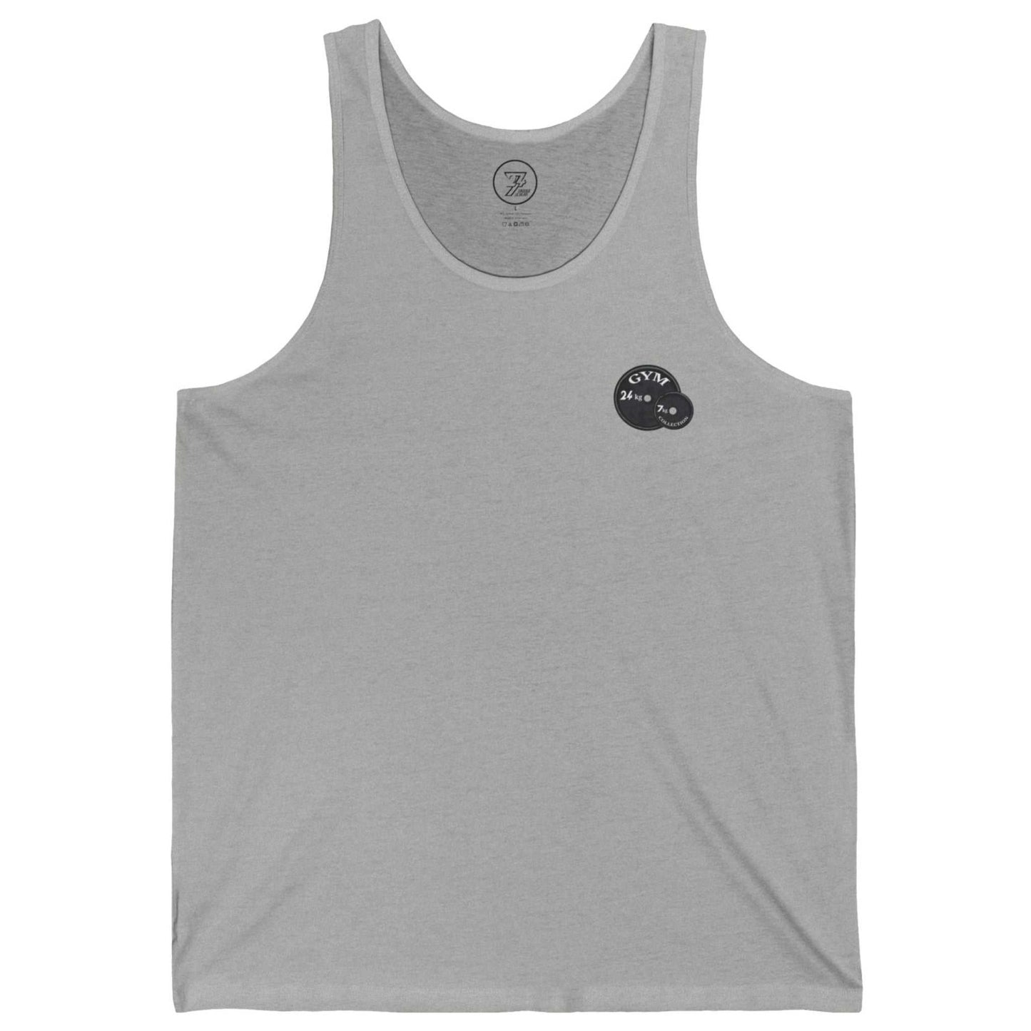Front view of an athletic heather grey lifting tank top for men showcasing the clean front chest branding, laid flat.