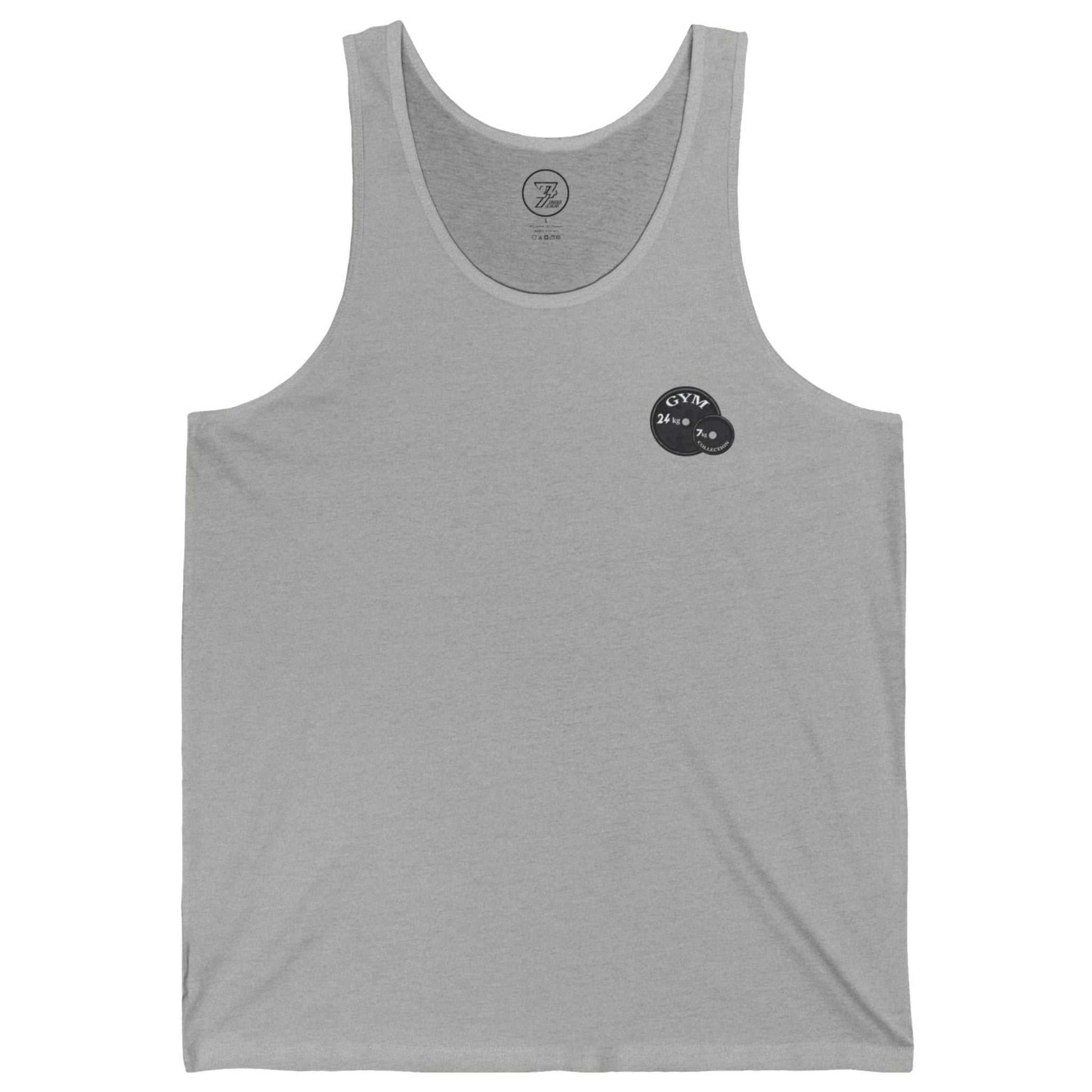 Front view of an athletic heather grey lifting tank top for men showcasing the clean front chest branding, laid flat.