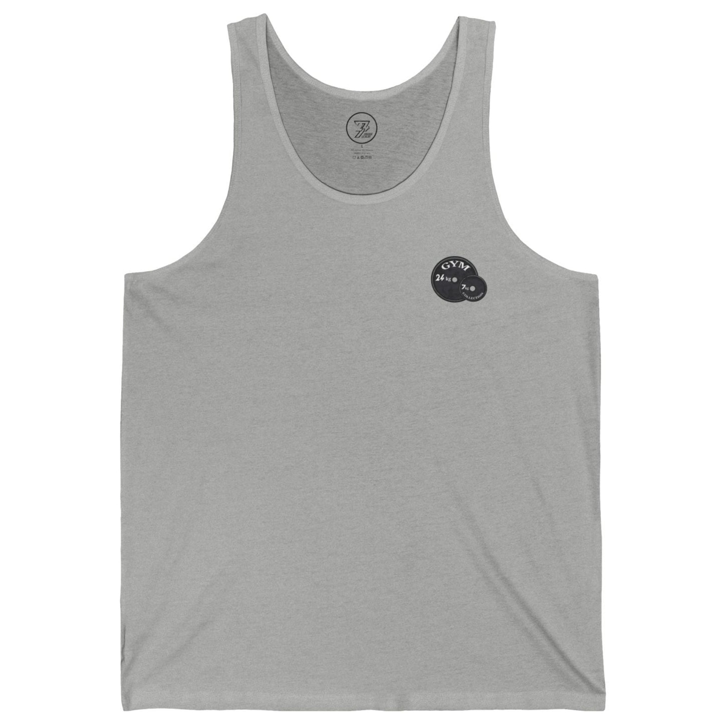 Front view of an athletic heather grey men's lifting tank showcasing the clean front chest branding, laid flat.
