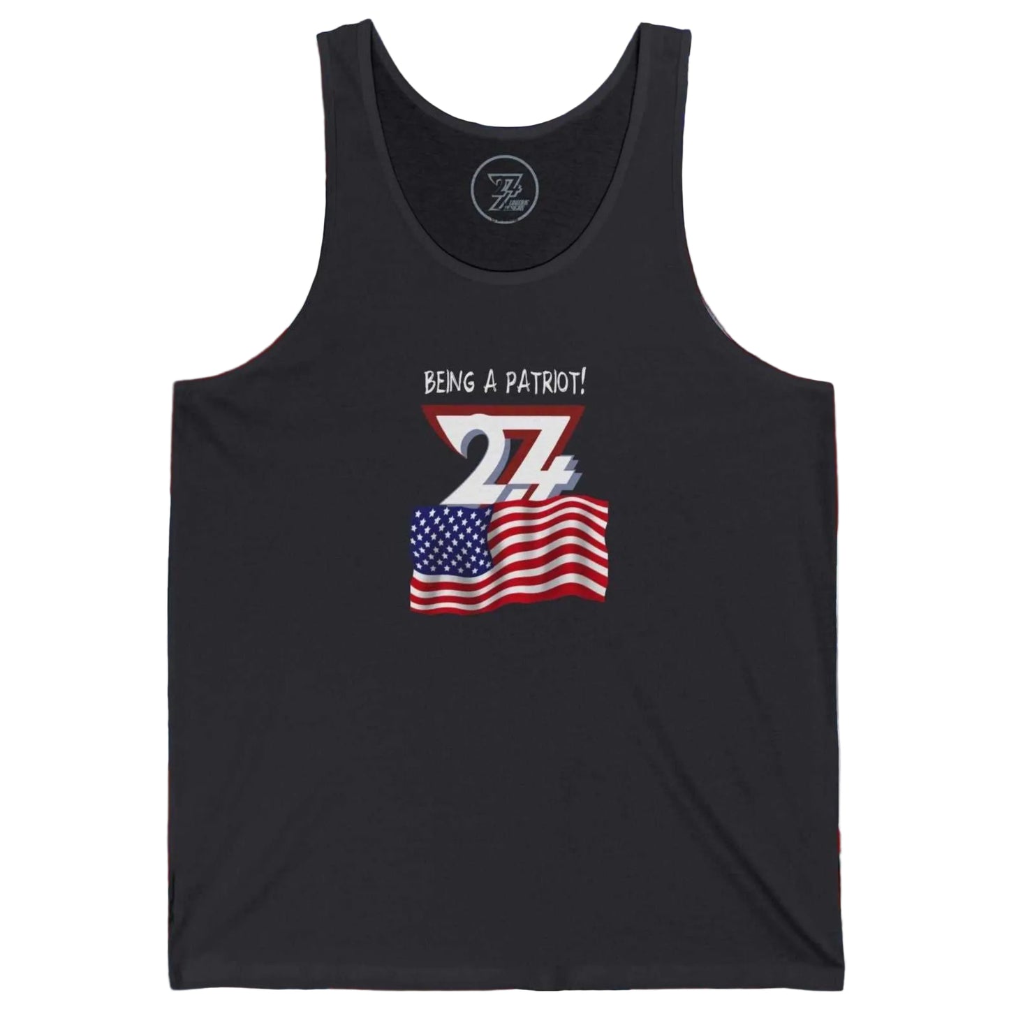 Athletic heather casual patriotic top with a red white and blue flag art logo.
