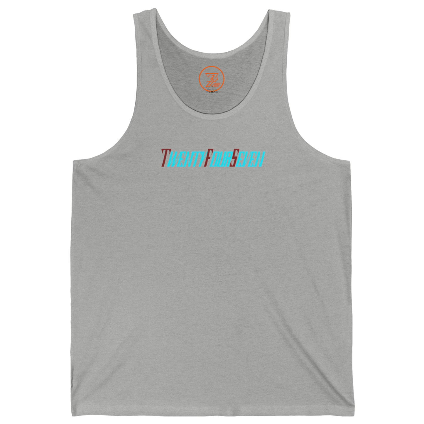 Athletic heather gray casual summer top displaying vibrant custom brand lettering.